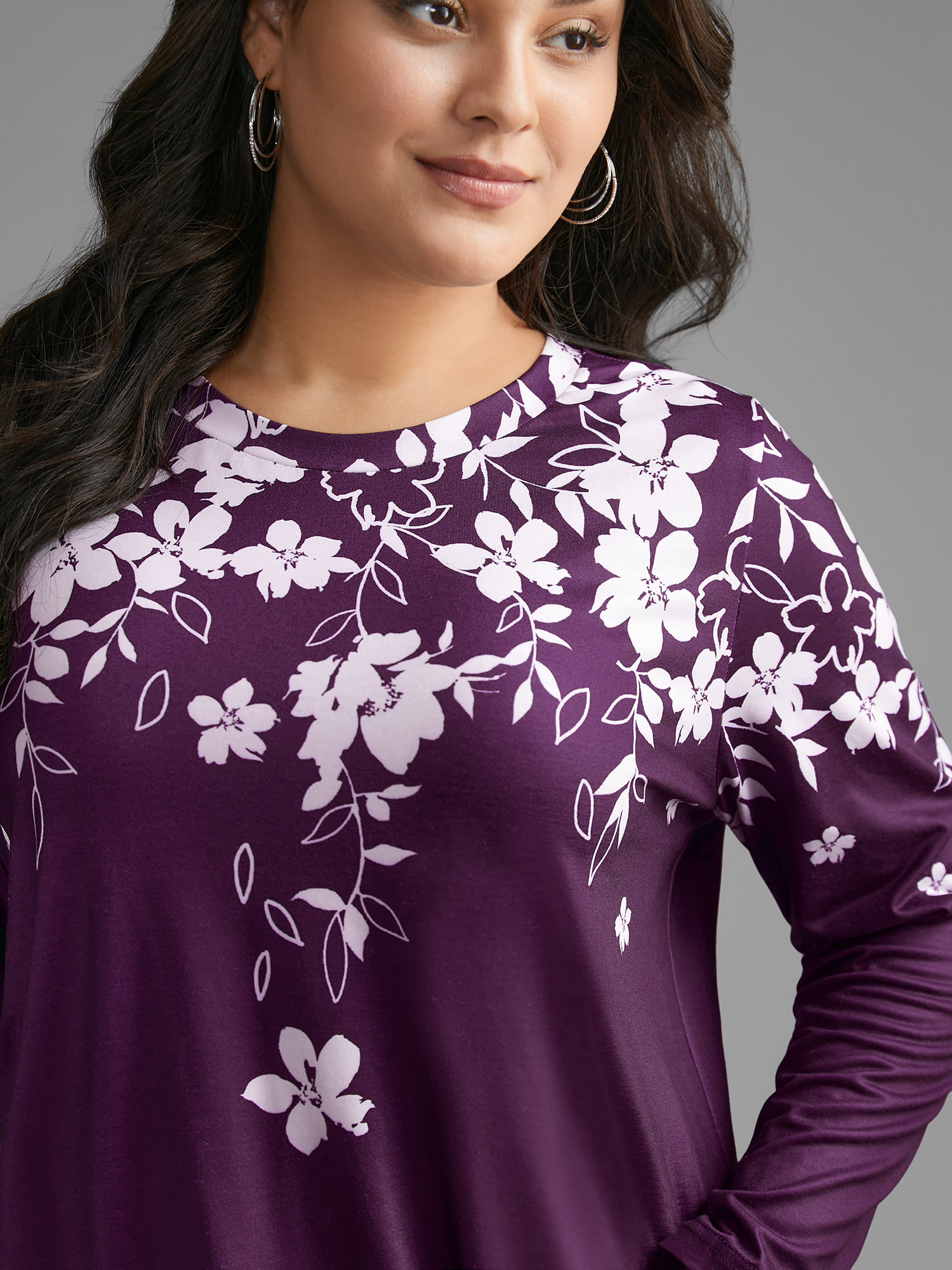 

Plus Size Round Neck Boho Print T-shirt Eggplant Women Casual Contrast Natural Flowers Round Neck Everyday T-shirts BloomChic