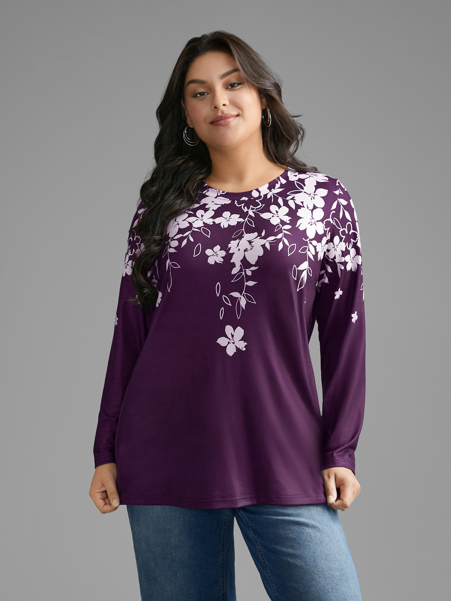 Plus Size Round Neck Boho Print T-shirt Eggplant Women Casual Contrast Natural Flowers Round Neck Everyday T-shirts BloomChic 22-24/3X 