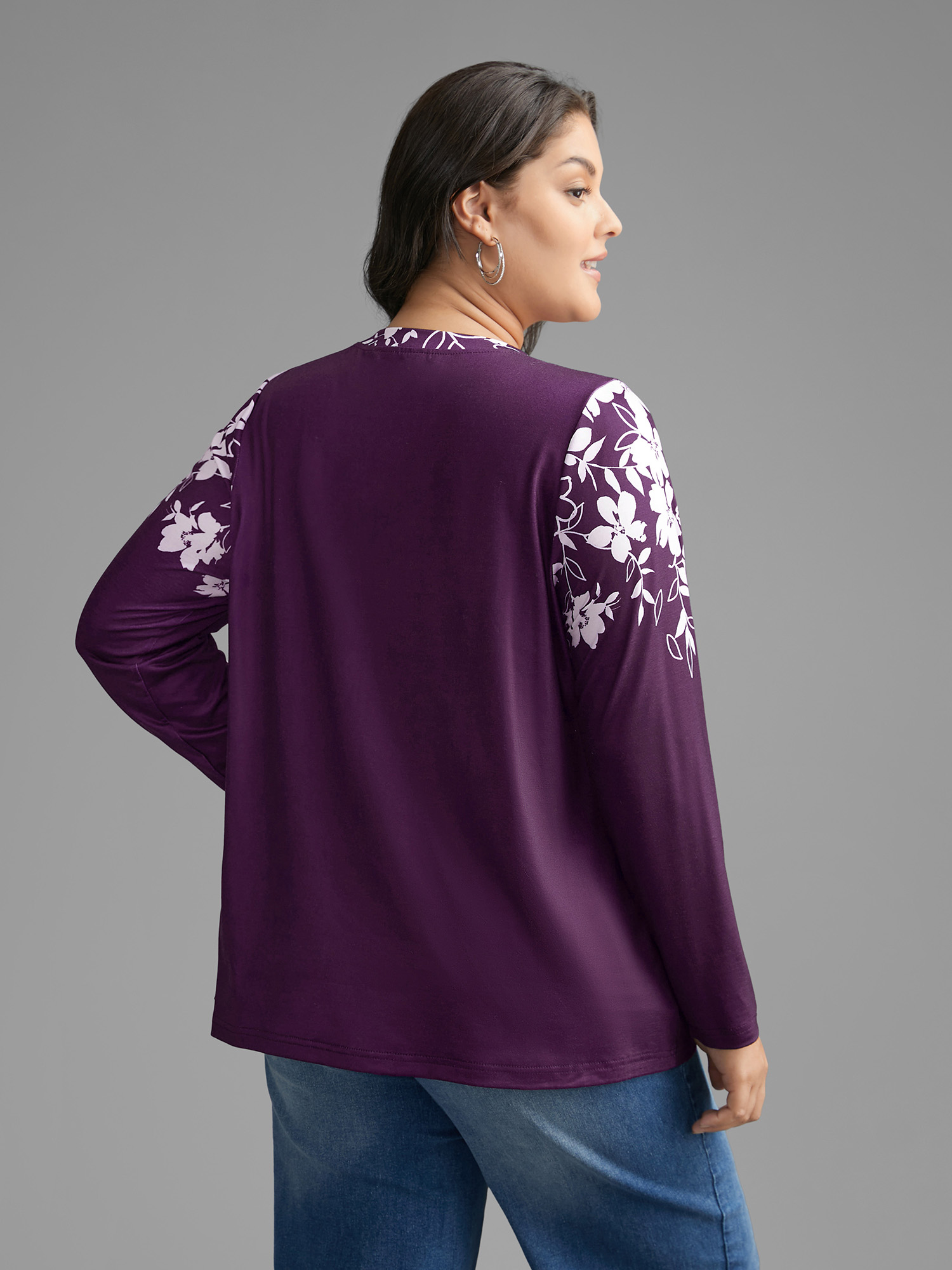 Plus Size Round Neck Boho Print T-shirt Eggplant Women Casual Contrast Natural Flowers Round Neck Everyday T-shirts BloomChic 22-24/3X 