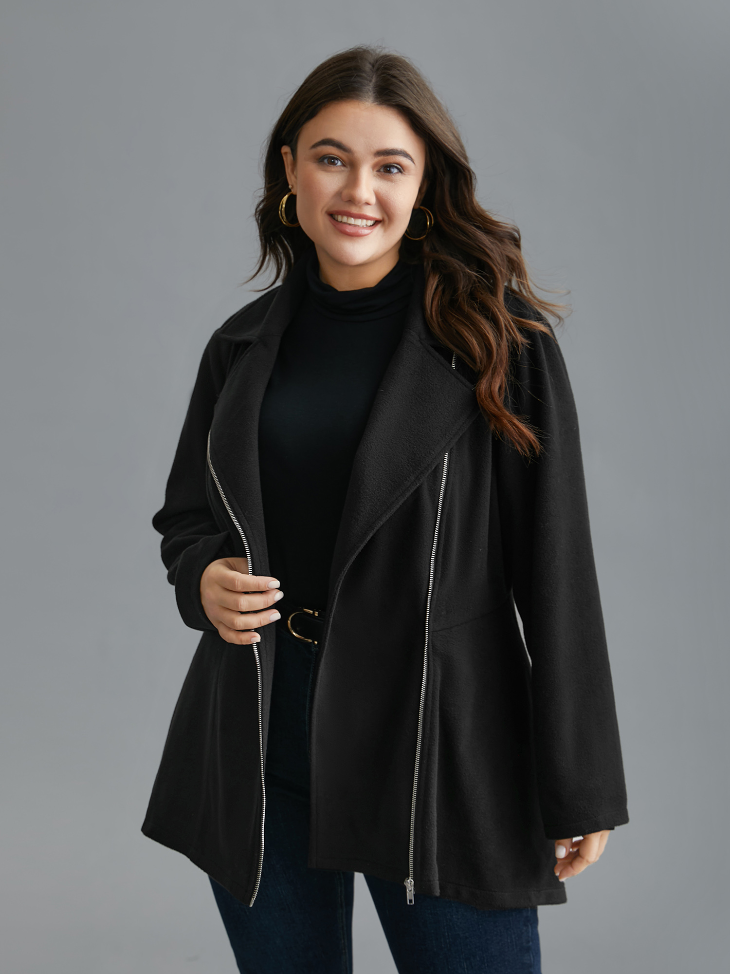 

Plus Size Curved Hem Zipper Placket Pockets Coat Women Black Elegant Non Bodycon Ladies Everyday Winter Coats BloomChic