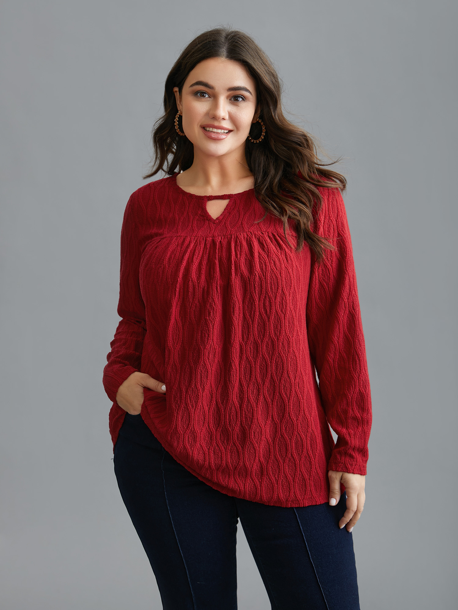 

Plus Size Textured Keyhole Gathered Knit Top Scarlet Round Neck Long Sleeve Elegant Jersey Tops