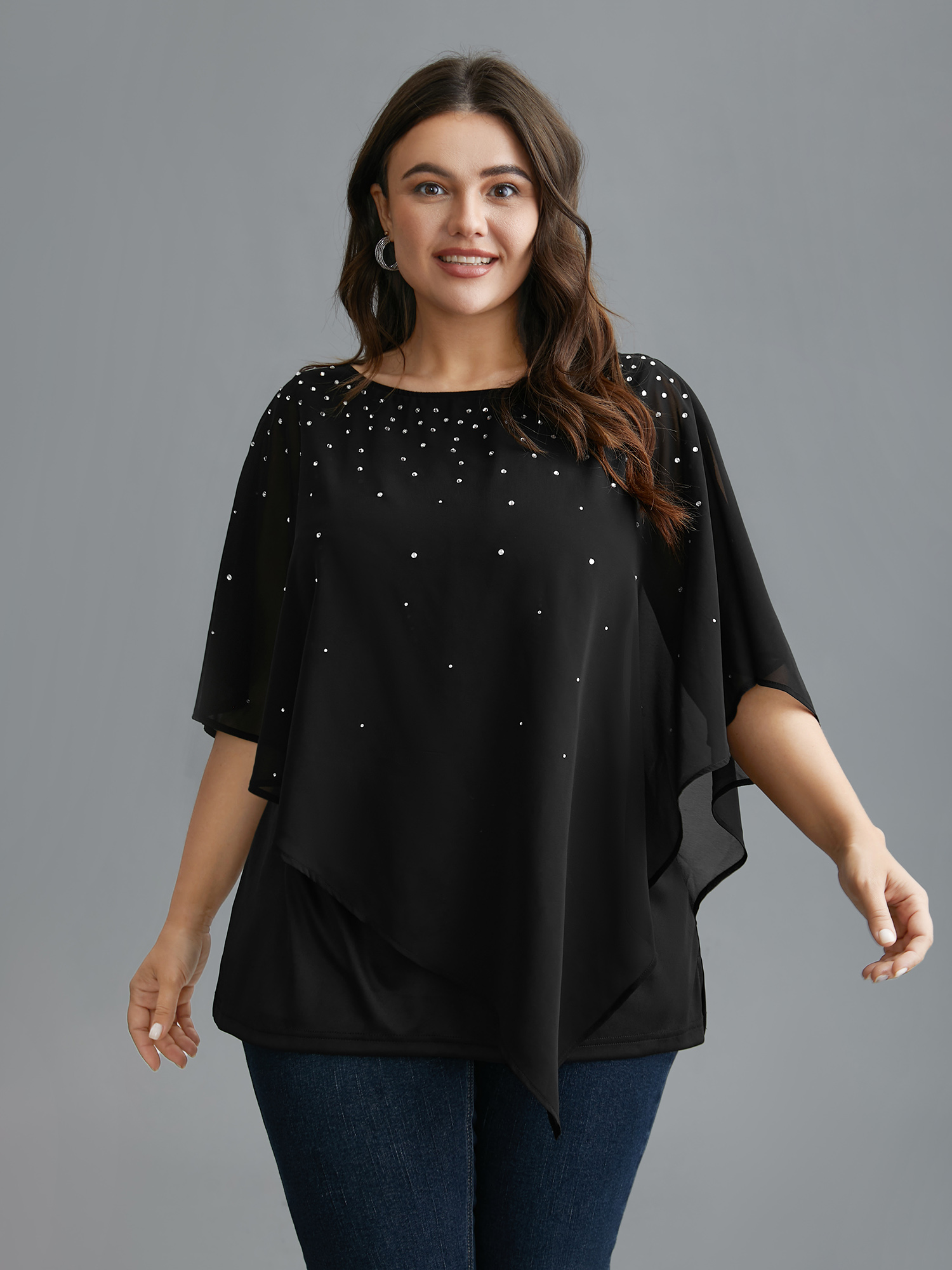 

Plus Size Black Rhinestone Asymmetrical Hem Ruffle Sleeve Blouse Women Elegant Half Sleeve Boat Neck Everyday Blouses BloomChic