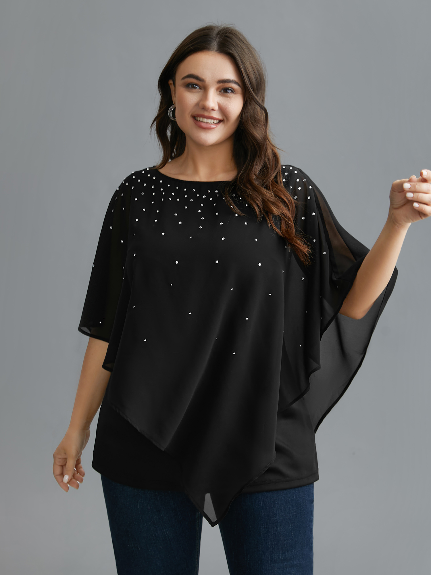 

Plus Size Black Rhinestone Asymmetrical Hem Ruffle Sleeve Blouse Women Elegant Half Sleeve Boat Neck Everyday Blouses BloomChic