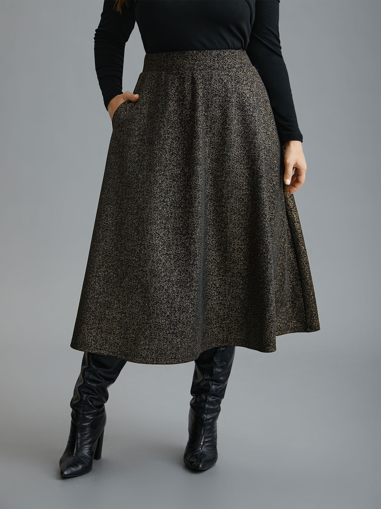 Plus Size Glitter Elastic Waist Pocket Midi Skirt Women Champagne Elegant Low stretch Slanted pocket Everyday Skirts BloomChic 30/6X 