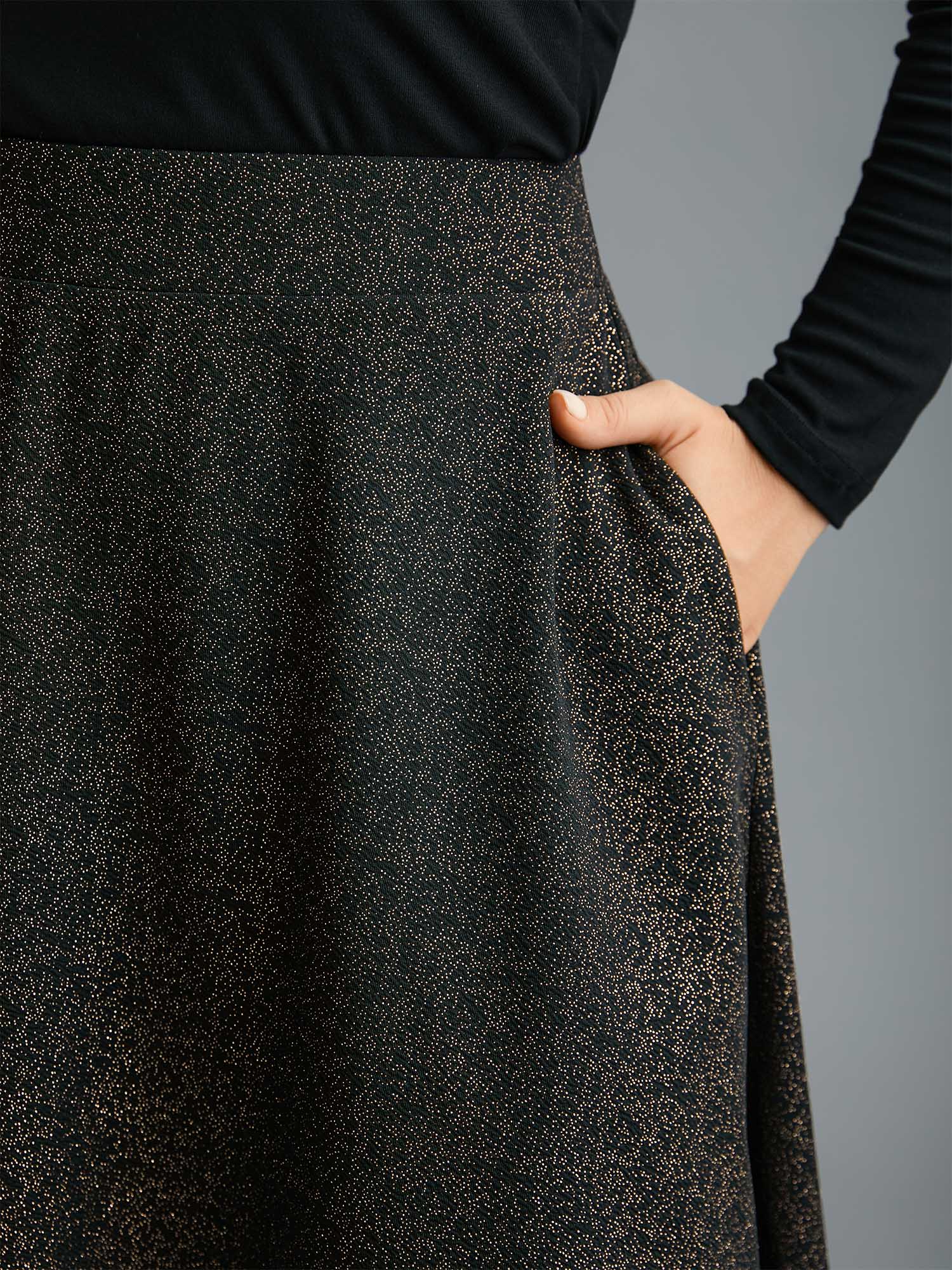 Plus Size Glitter Elastic Waist Pocket Midi Skirt Women Champagne Elegant Low stretch Slanted pocket Everyday Skirts BloomChic 30/6X 