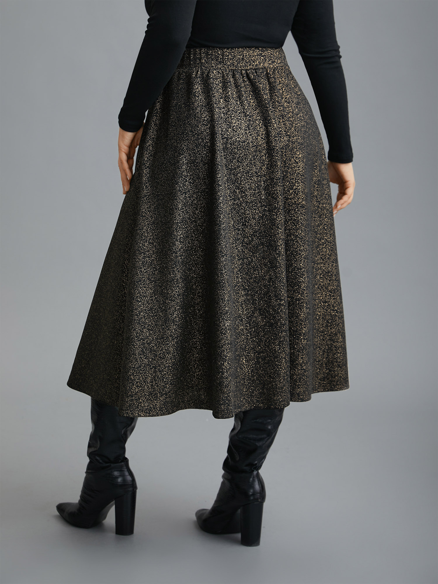 Plus Size Glitter Elastic Waist Pocket Midi Skirt Women Champagne Elegant Low stretch Slanted pocket Everyday Skirts BloomChic 30/6X 
