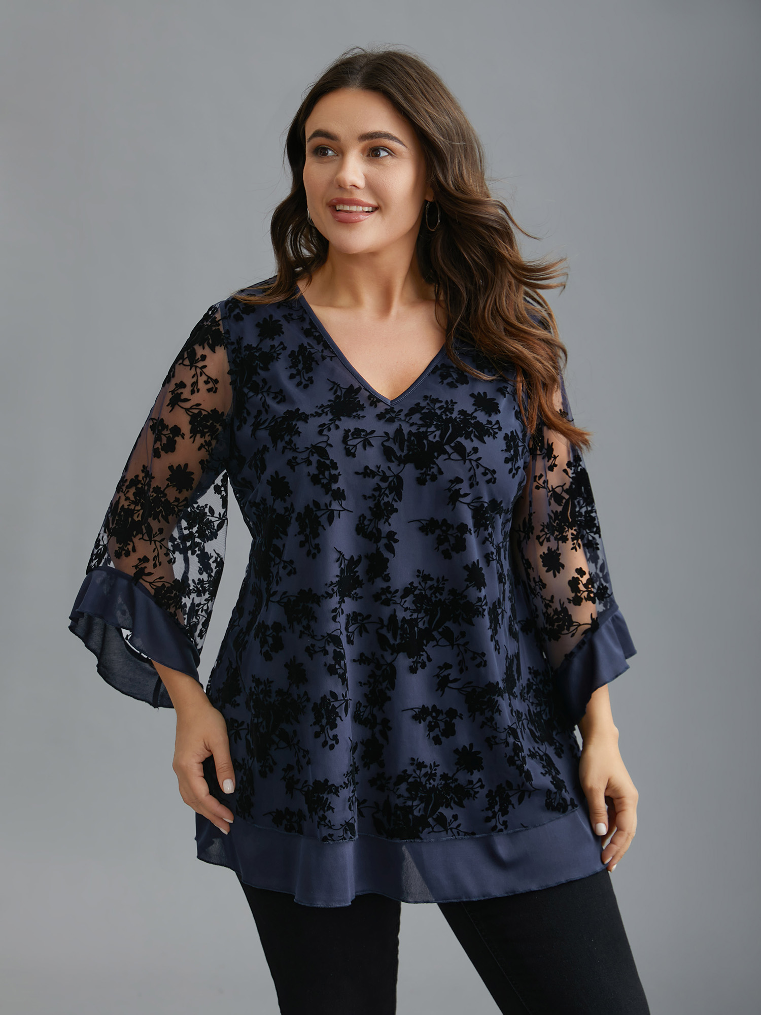 

Plus Size Indigo Floral Flocking Mesh Asymmetrical Hem Blouse Women Elegant Three Quater Length Sleeve V-neck Everyday Blouses BloomChic