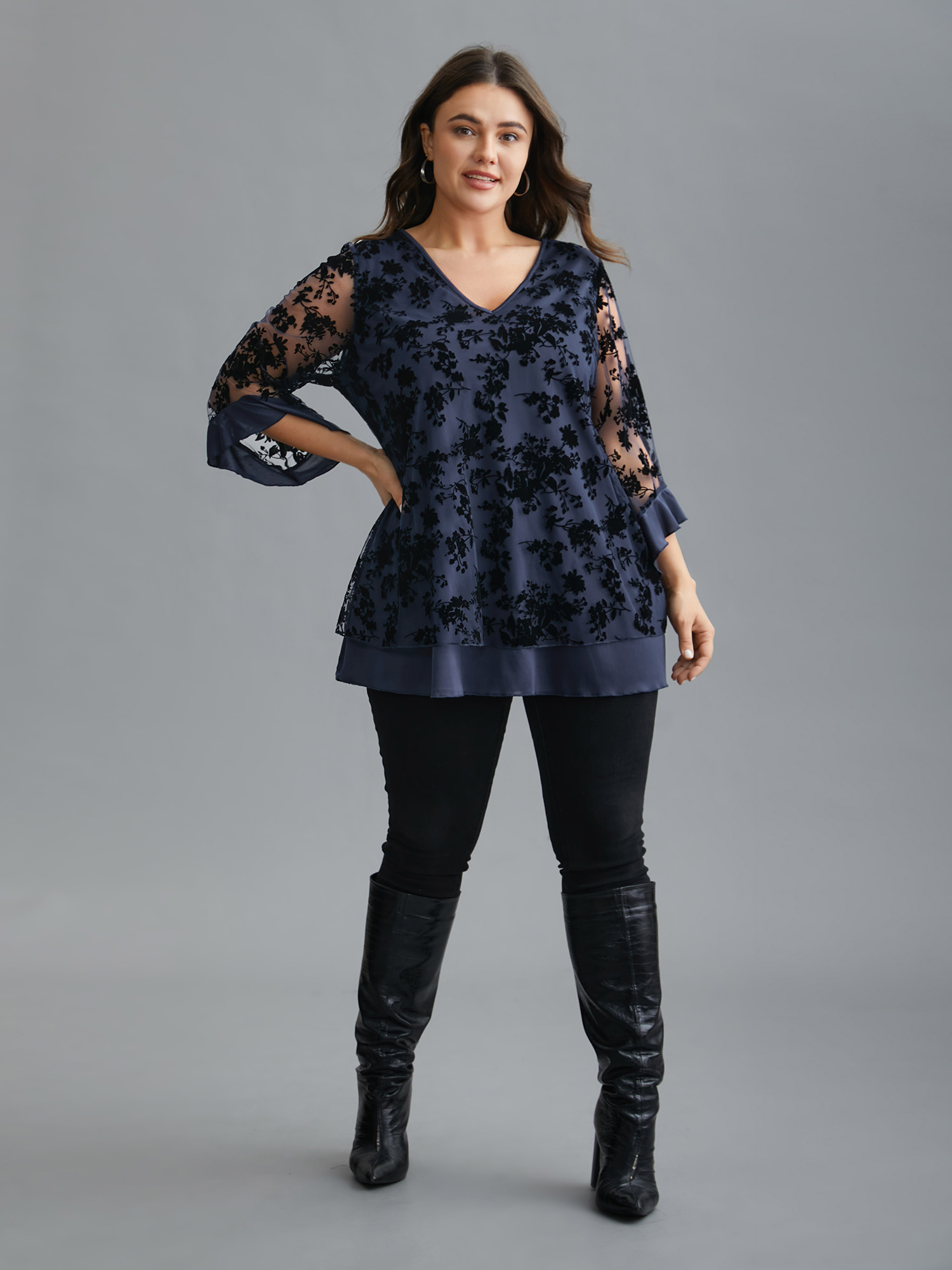 

Plus Size Indigo Floral Flocking Mesh Asymmetrical Hem Blouse Women Elegant Three Quater Length Sleeve V-neck Everyday Blouses BloomChic