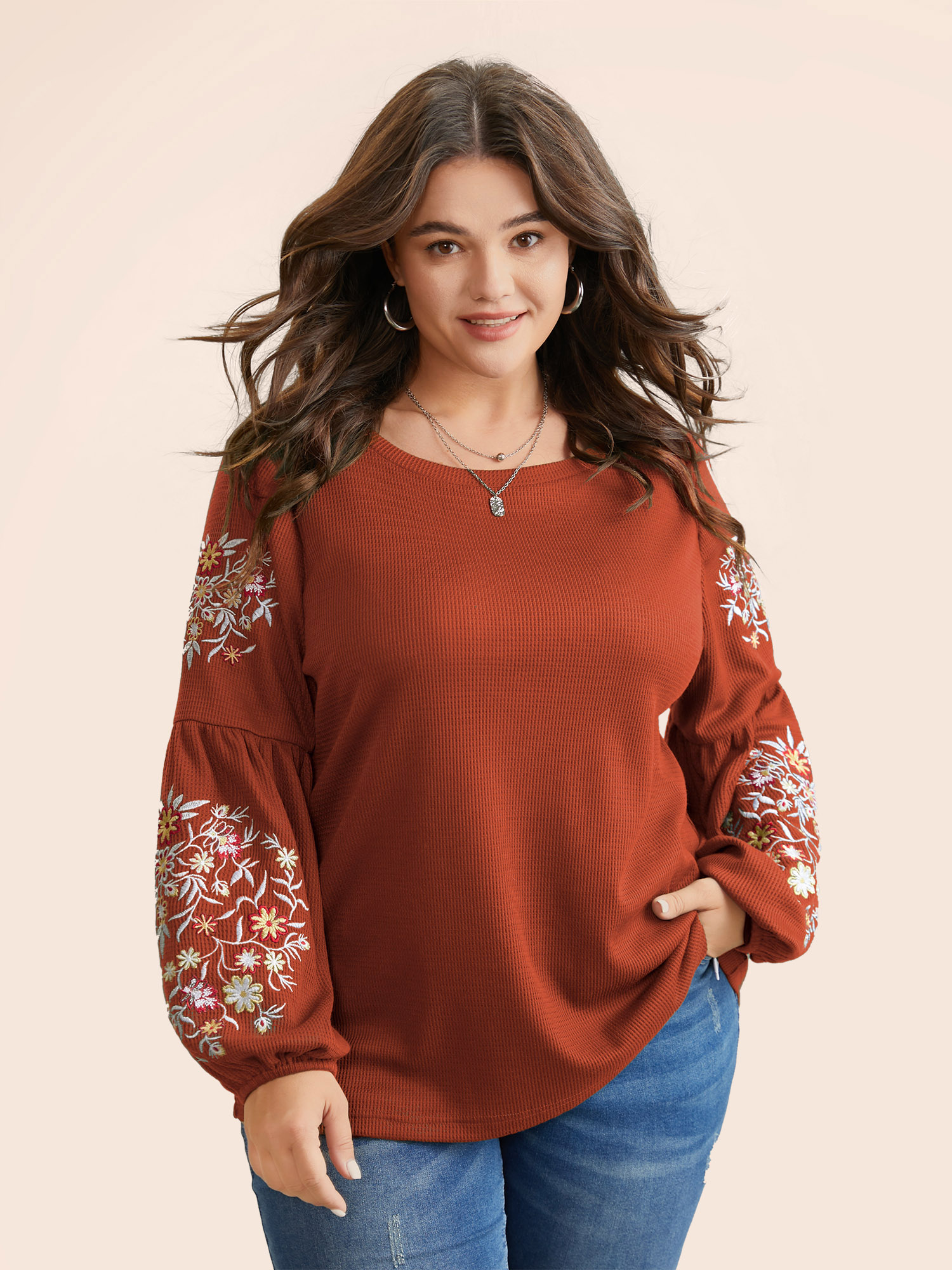 

Plus Size Waffle Knit Floral Embroidered Lantern Sleeve T-shirt Rust Women Elegant Texture Floral Round Neck Everyday T-shirts BloomChic