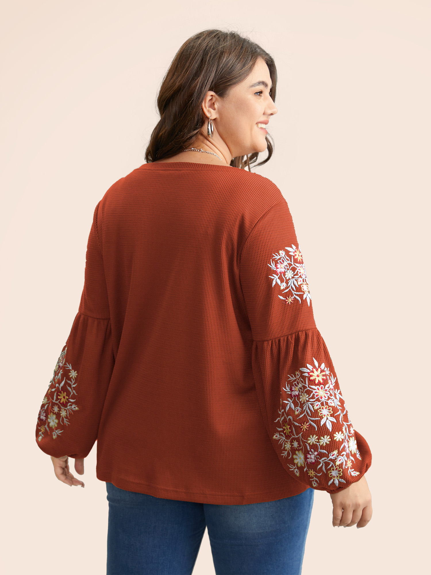 Plus Size Waffle Knit Floral Embroidered Lantern Sleeve T-shirt Rust Women Elegant Texture Floral Round Neck Everyday T-shirts BloomChic 10/M 