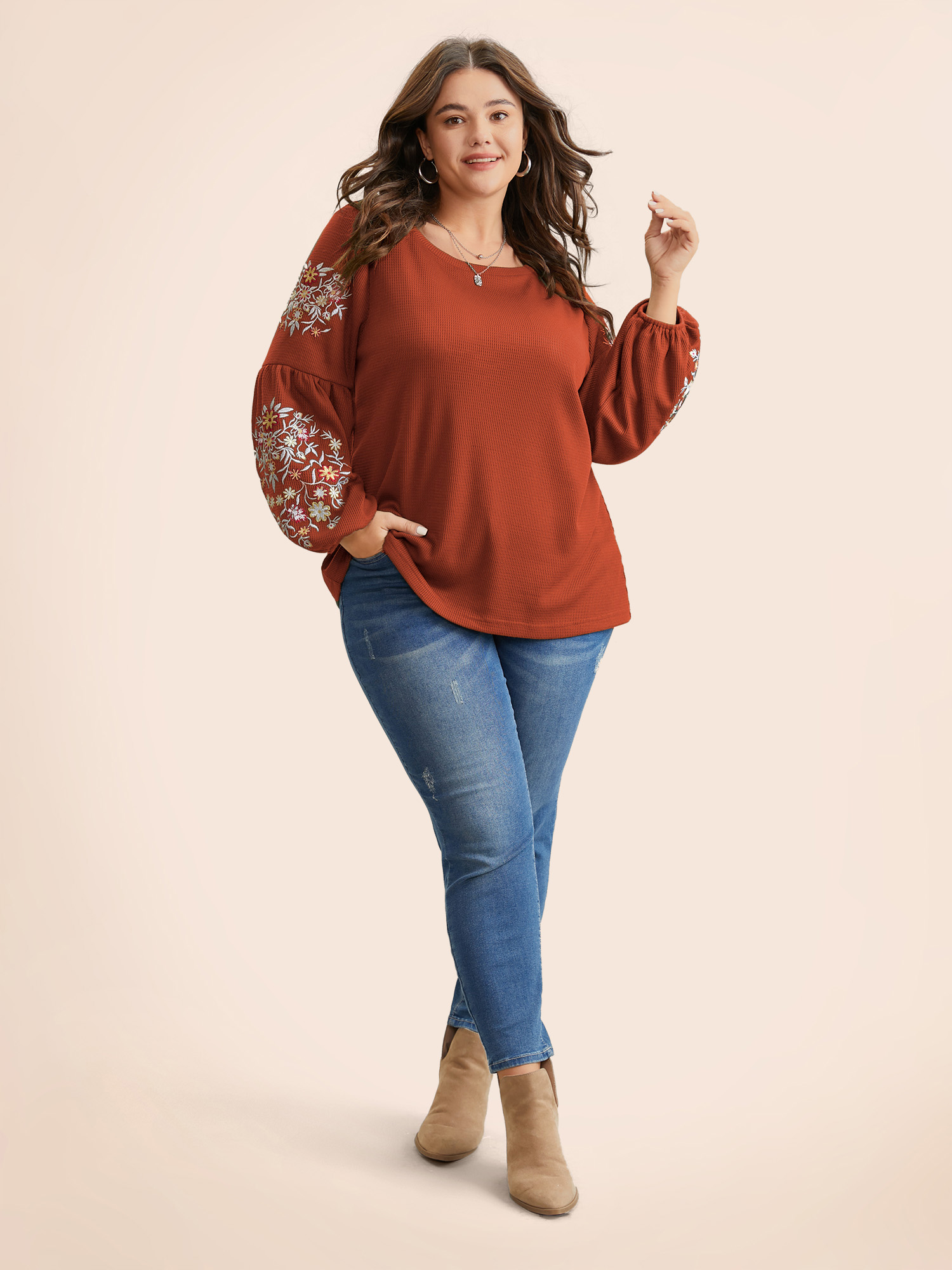 

Plus Size Waffle Knit Floral Embroidered Lantern Sleeve T-shirt Rust Women Elegant Texture Floral Round Neck Everyday T-shirts BloomChic