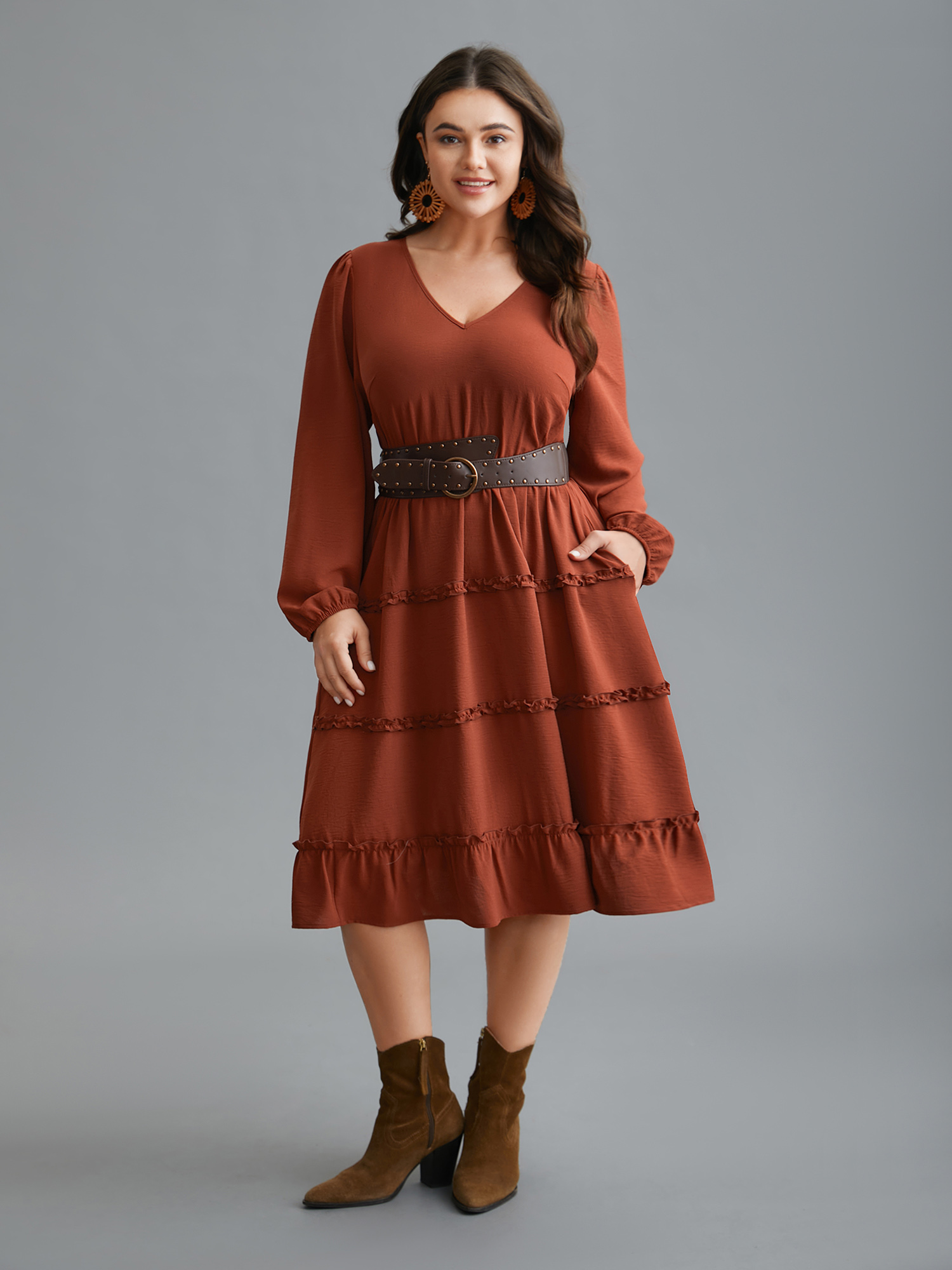 

Plus Size Plain Frill Trim Ruffle Layered Hem Dress Russet Women Resort Gathered V-neck Long Sleeve Curvy BloomChic