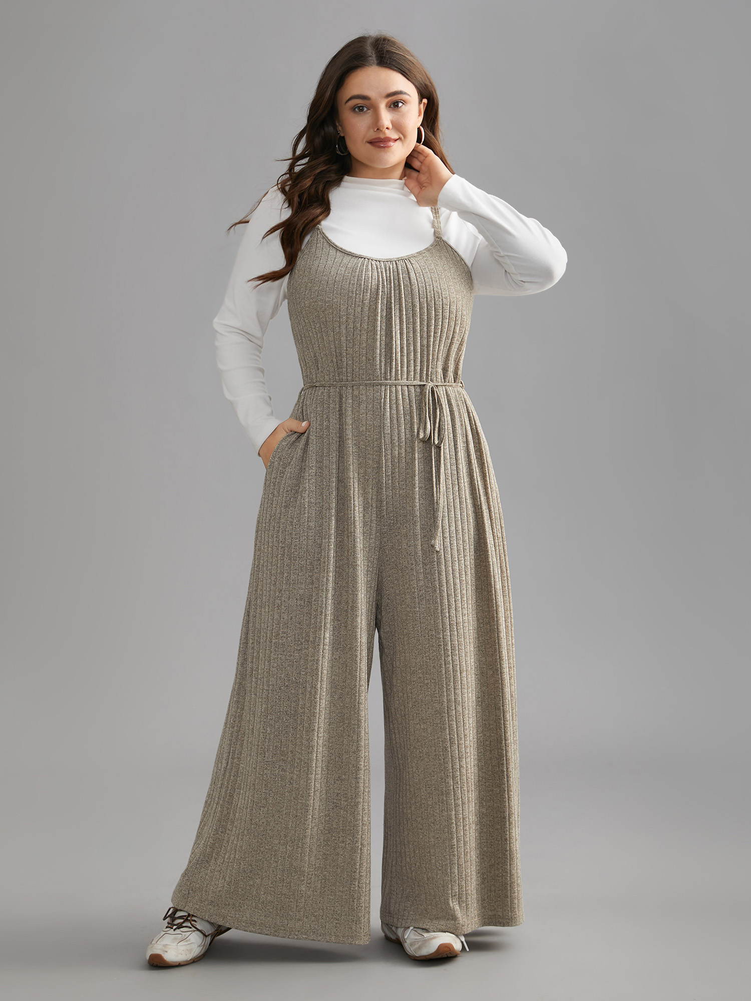 

Plus Size Champagne Textured Waist-Tie Pockets Jumpsuit Women Lounge Sleeveless U-neck Everyday Loose Jumpsuits BloomChic