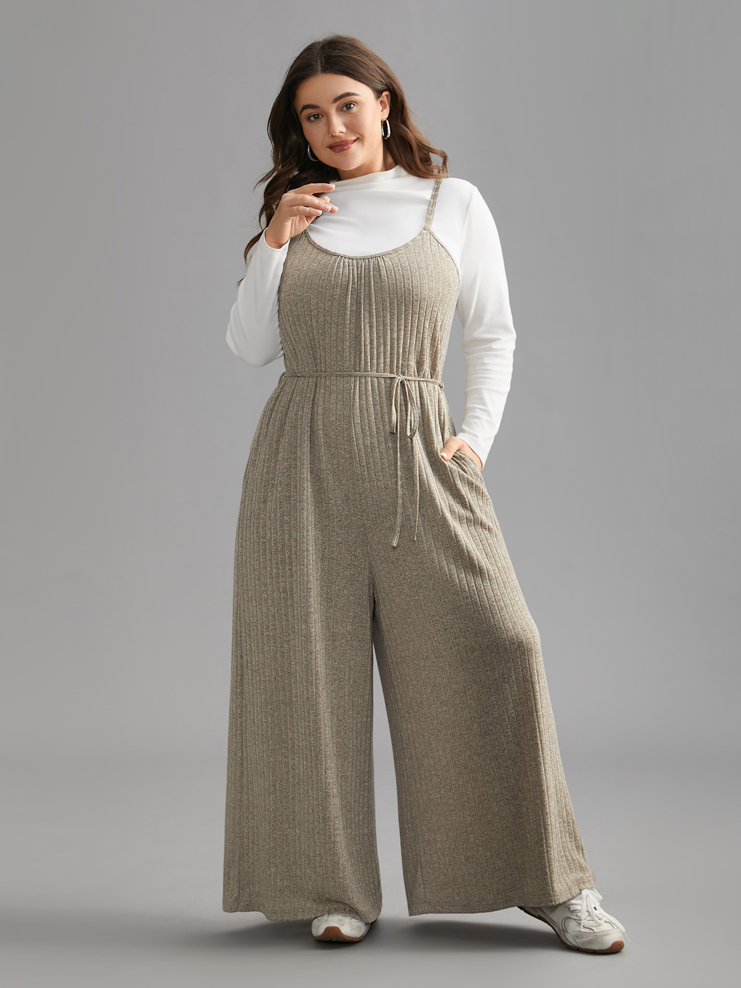 Plus Size Champagne Textured Waist-Tie Pockets Jumpsuit Women Lounge Sleeveless U-neck Everyday Loose Jumpsuits BloomChic 26/4X 