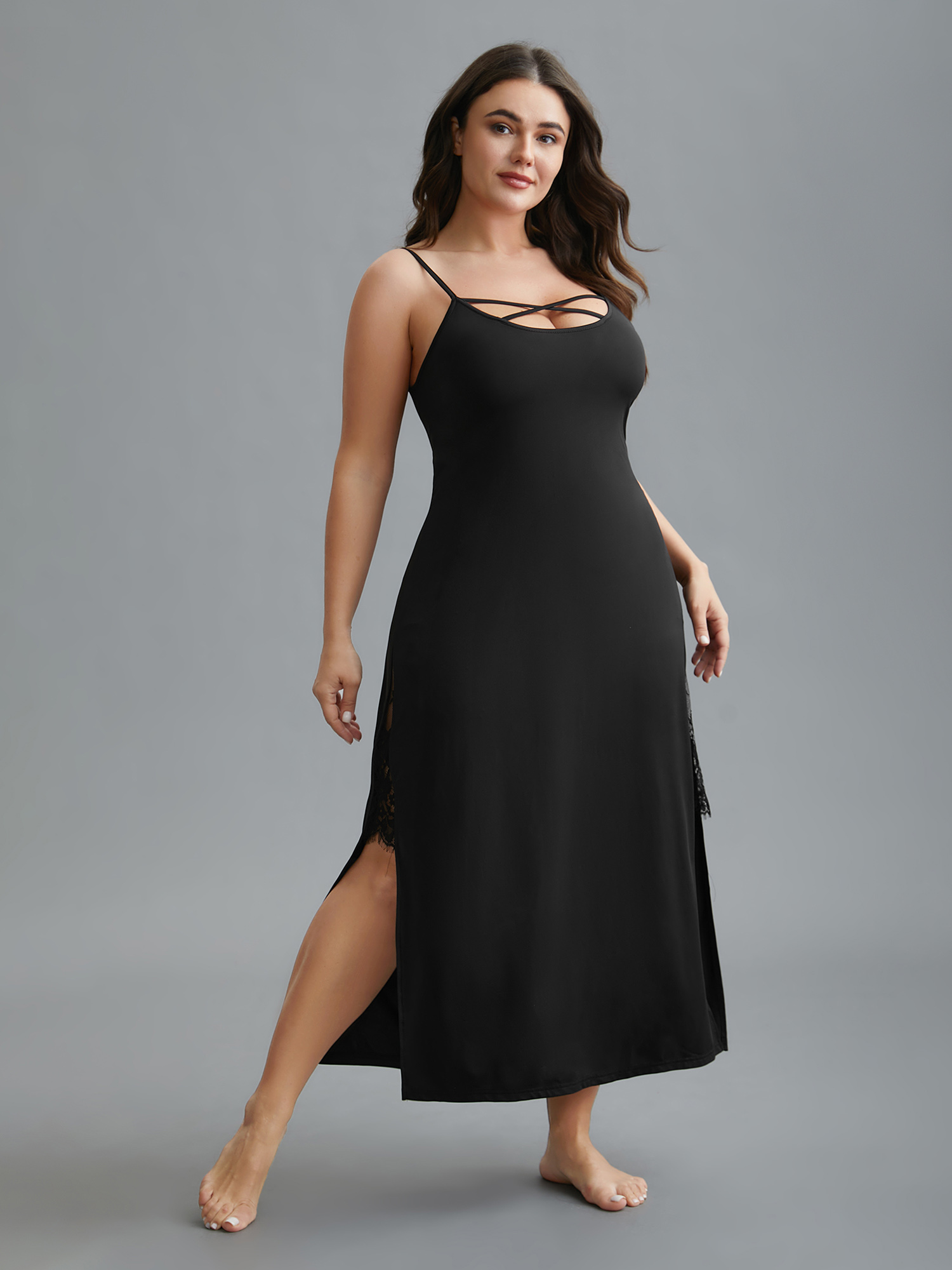 

Plus Size Solid Crisscross Lace Trim Slit Hem Sleep Dress Black Sleeveless U-neck Lounge Everyday  Bloomchic