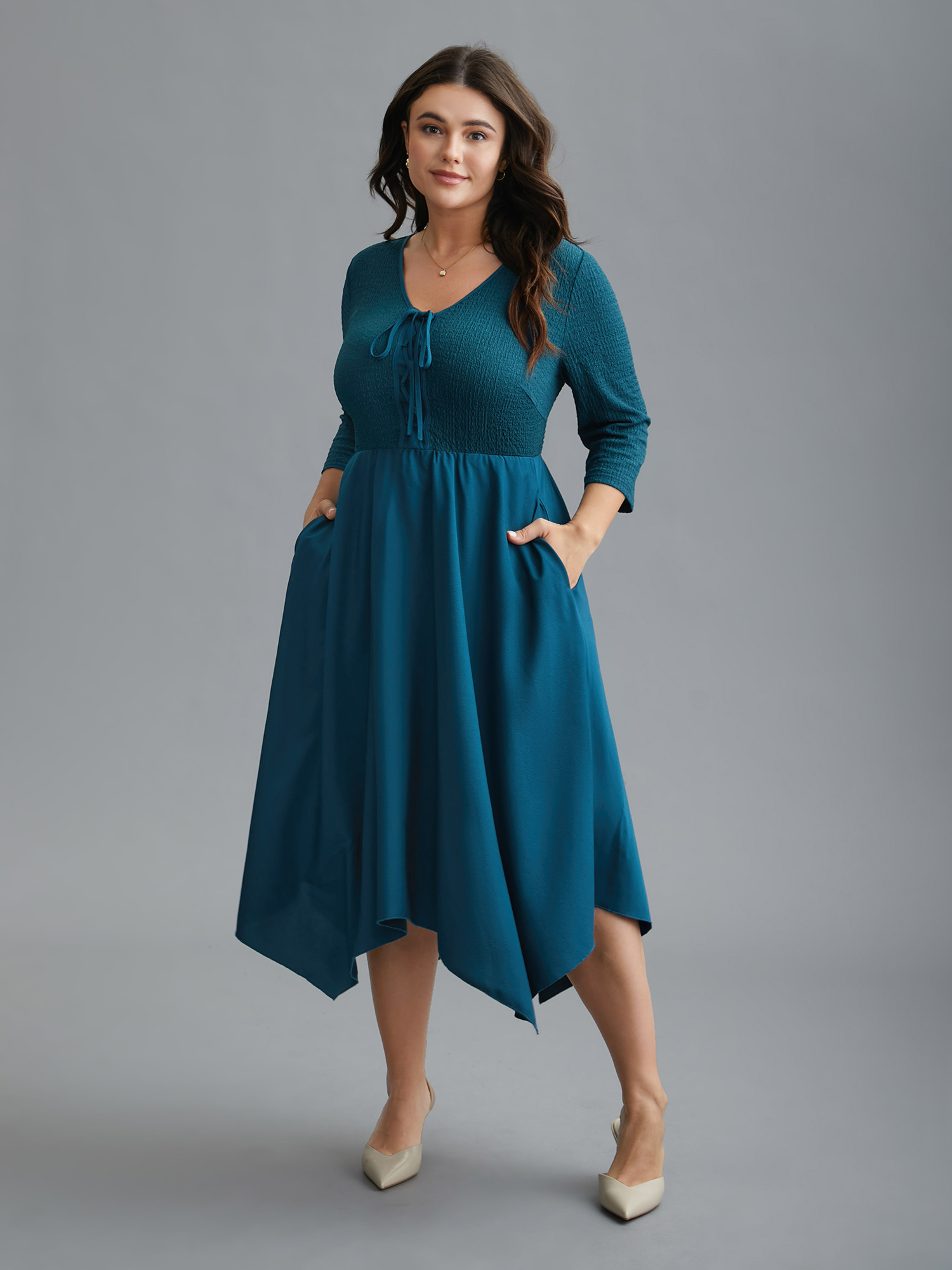 

Plus Size Adjustable Drawstring Asymmetrical Hem Textured Dress Aegean Women Elegant Wraparound straps V-neck Elbow-length sleeve Curvy BloomChic