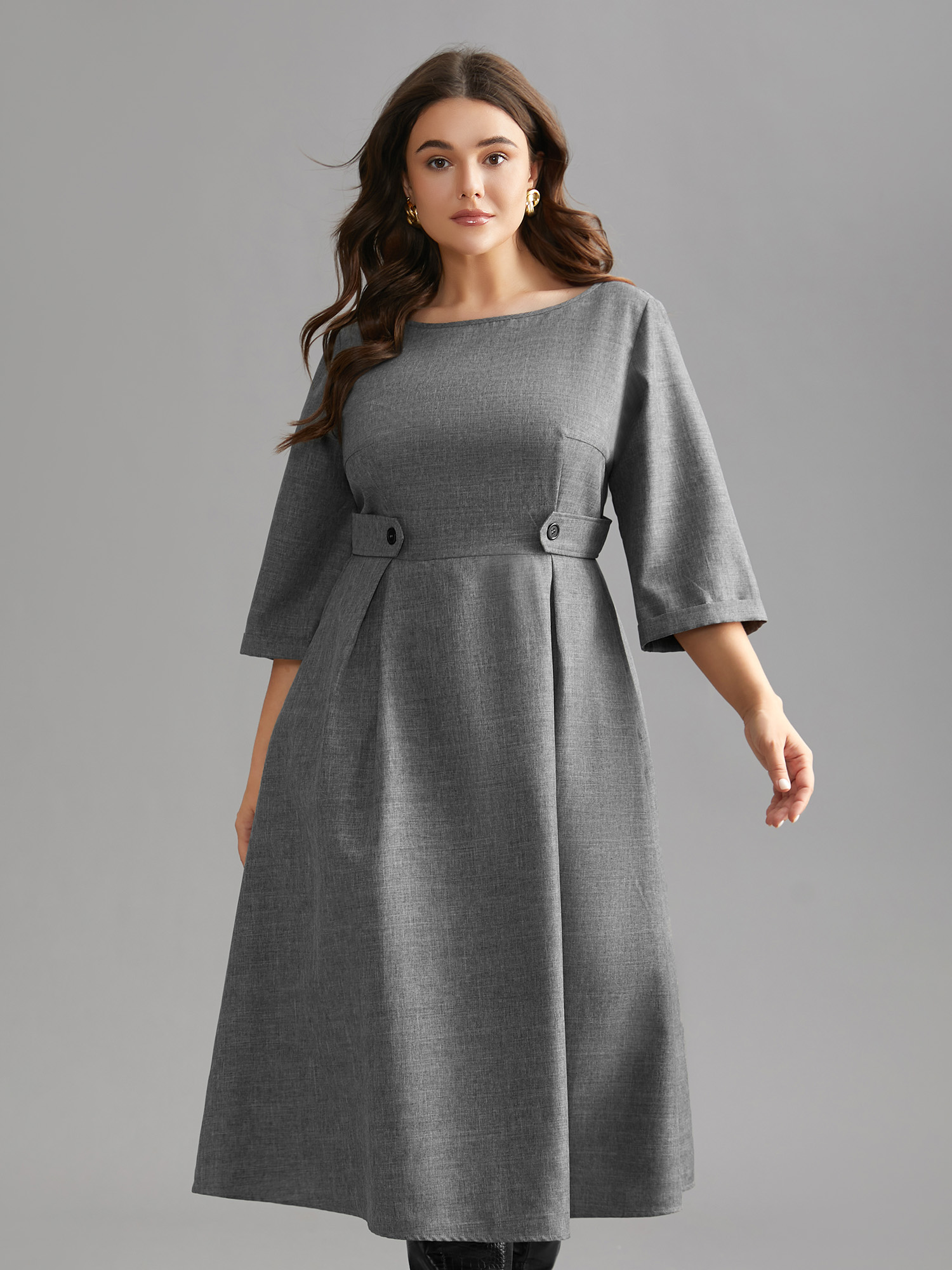 

Plus Size Buckled Waist Loops Pleated Midi Dress DarkGray Women At the Office Pleated Boat Neck Elbow-length sleeve Curvy BloomChic