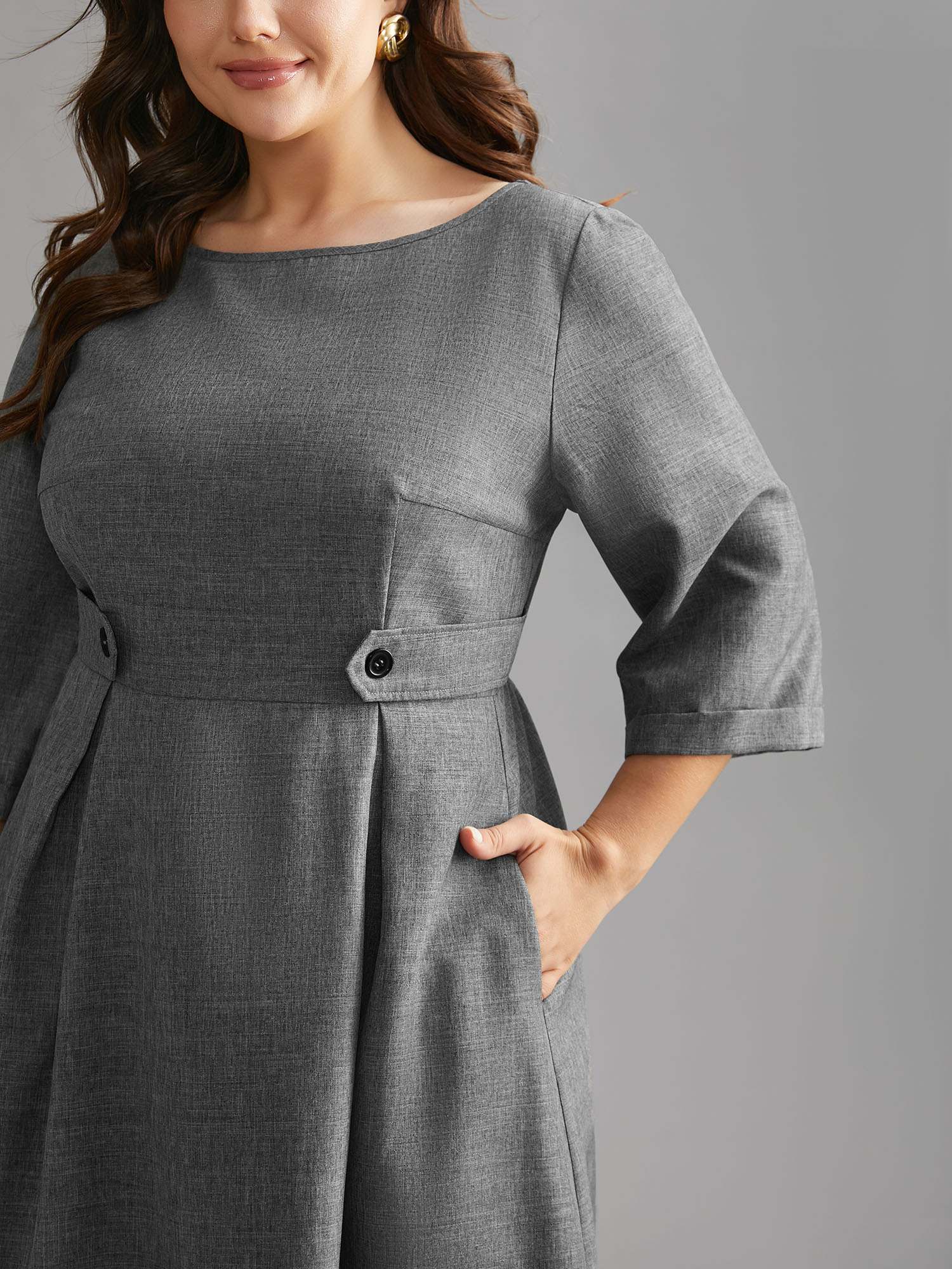 

Plus Size Buckled Waist Loops Pleated Midi Dress DarkGray Women At the Office Pleated Boat Neck Elbow-length sleeve Curvy BloomChic