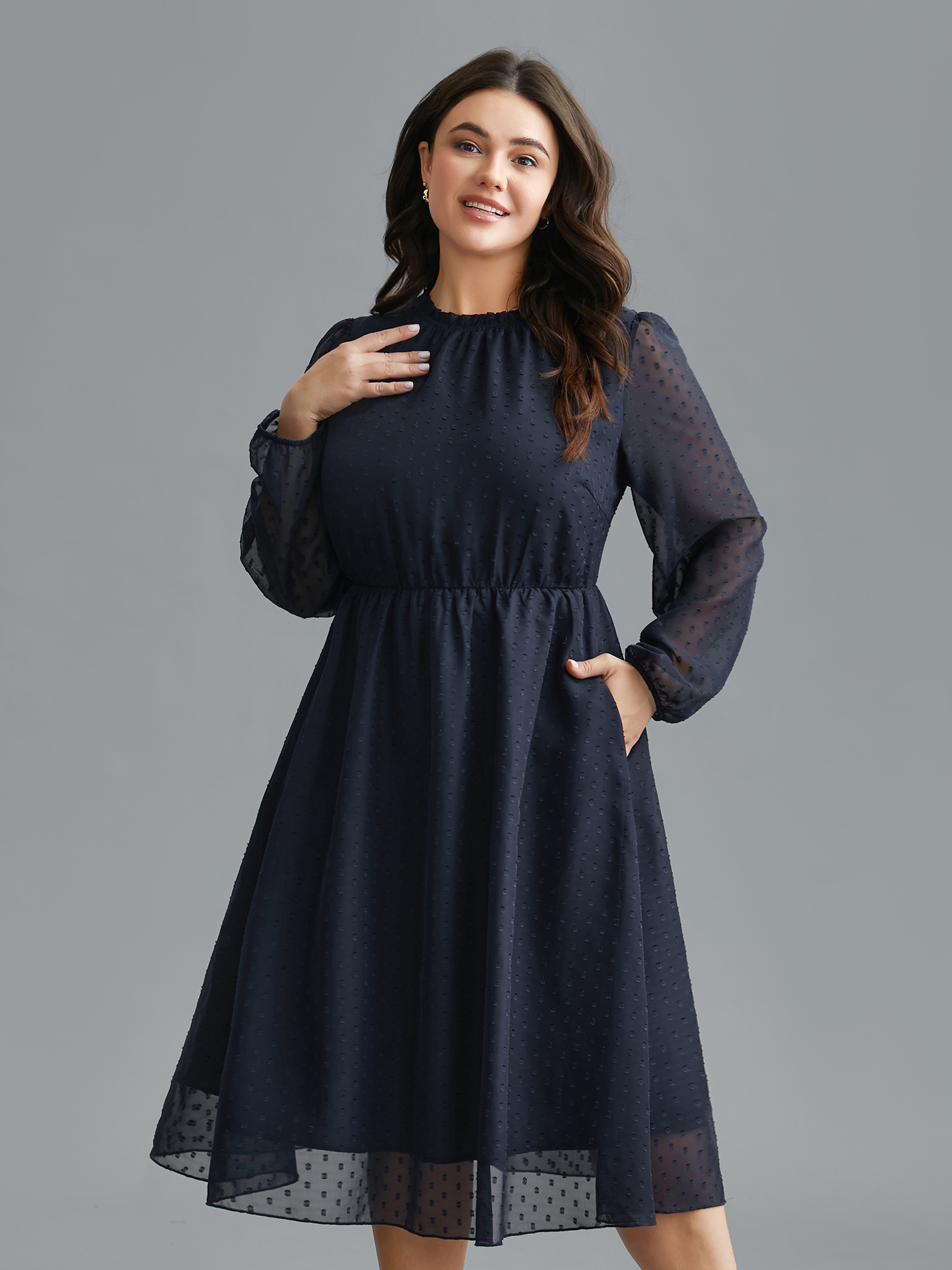 

Plus Size Mock Neck Sheer Sleeves Chiffon Midi Dress Navy Women Elegant Texture Party Curvy Bloomchic