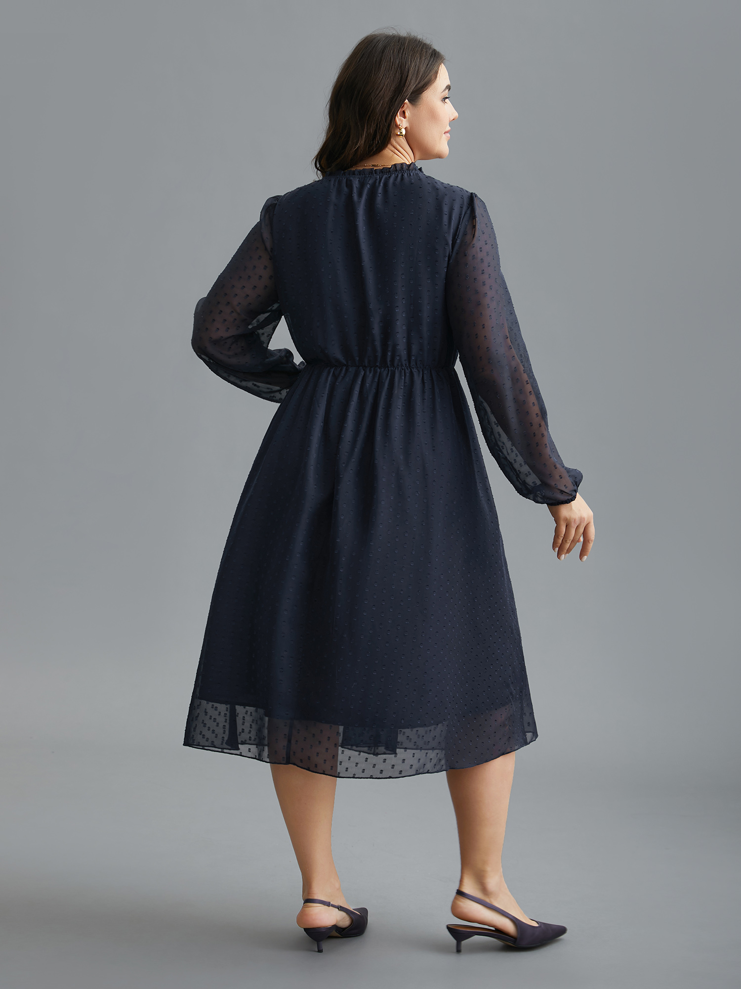 

Plus Size Mock Neck Sheer Sleeves Chiffon Midi Dress Navy Women Elegant Texture Party Curvy Bloomchic