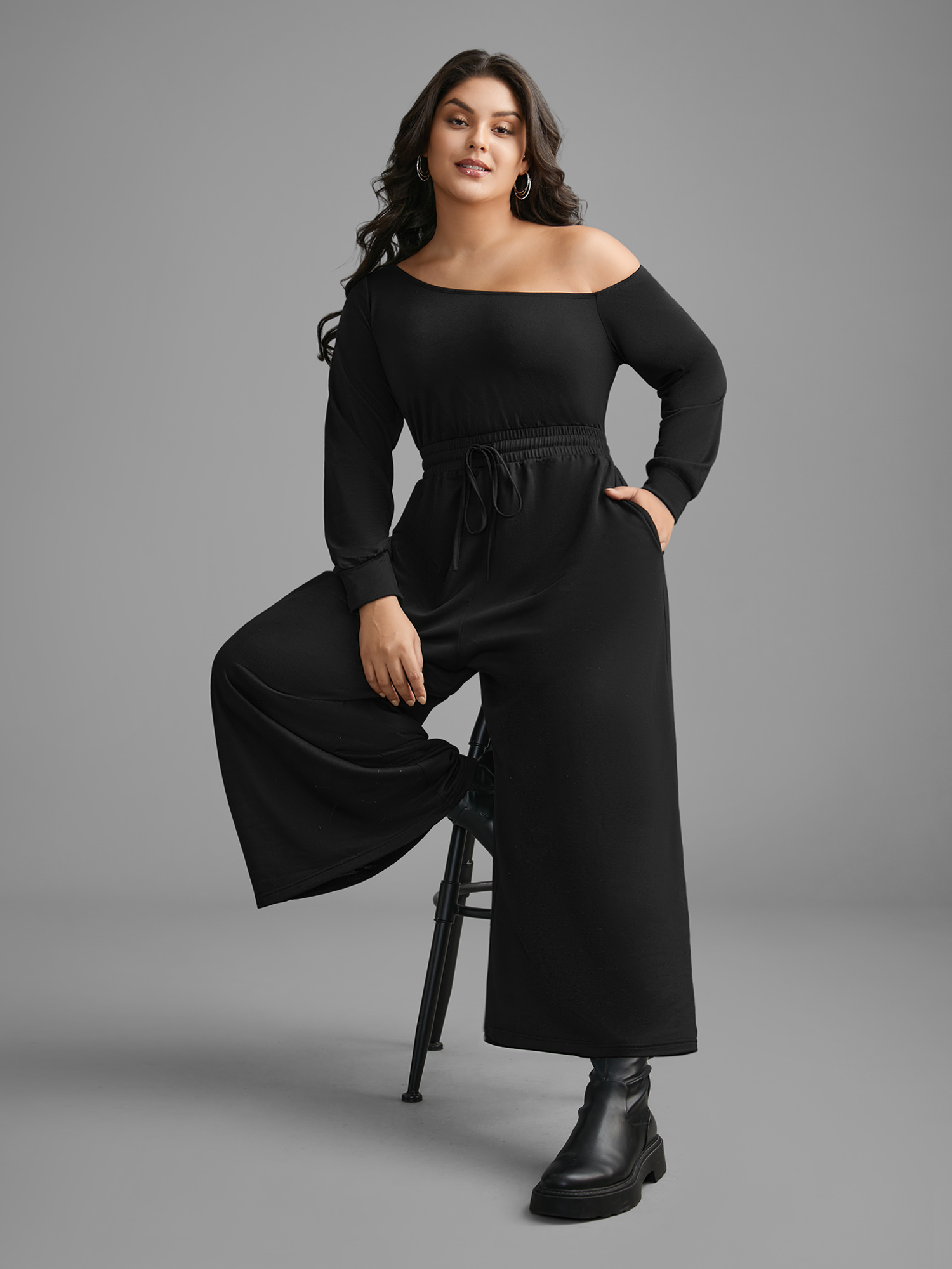 Plus Size Black Textured Sheer Hollow Sleeves Jumpsuit Women Casual Long Sleeve Asymmetrical Neck Everyday Loose Jumpsuits BloomChic 10/M 
