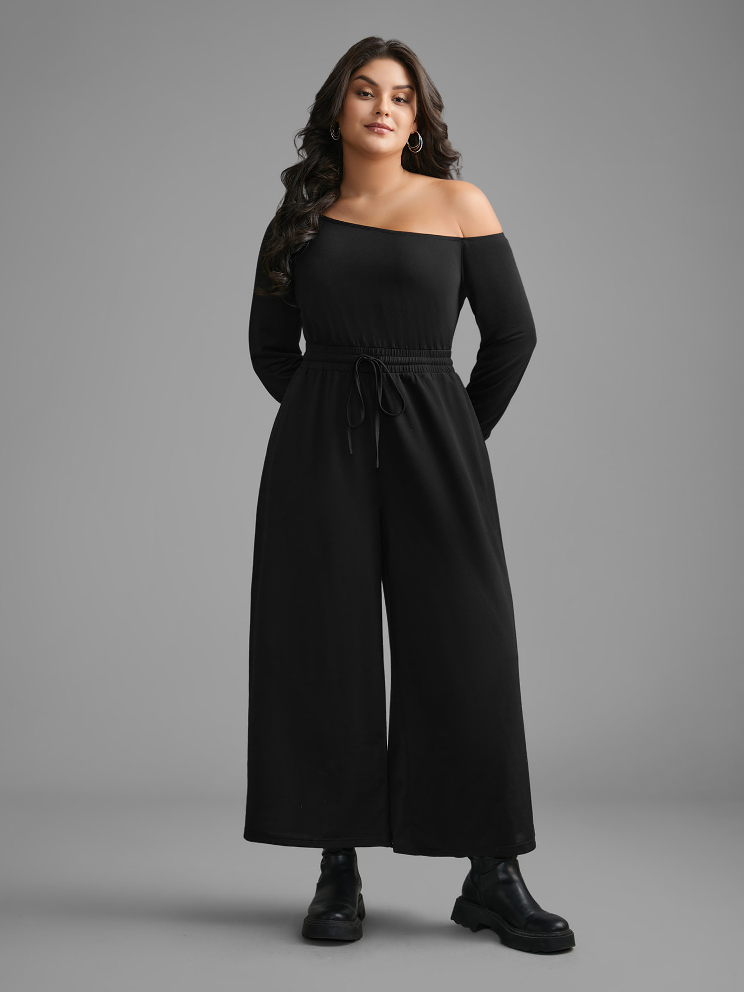 Plus Size Black Textured Sheer Hollow Sleeves Jumpsuit Women Casual Long Sleeve Asymmetrical Neck Everyday Loose Jumpsuits BloomChic 10/M 