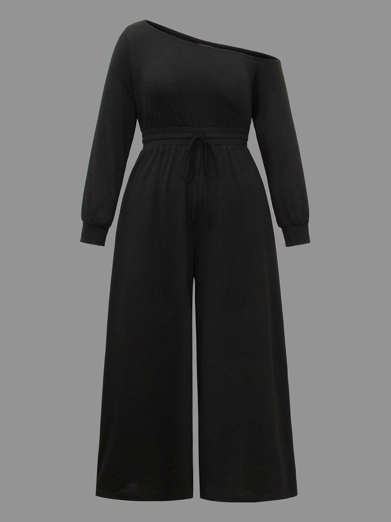 Plus Size Black Textured Sheer Hollow Sleeves Jumpsuit Women Casual Long Sleeve Asymmetrical Neck Everyday Loose Jumpsuits BloomChic 10/M 