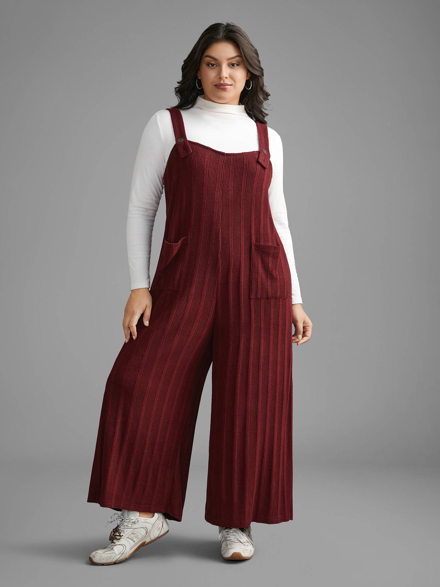 

Plus Size Burgundy Textured Pockets Straight Leg Overall Women Casual Sleeveless Non Everyday Loose Jumpsuits BloomChic