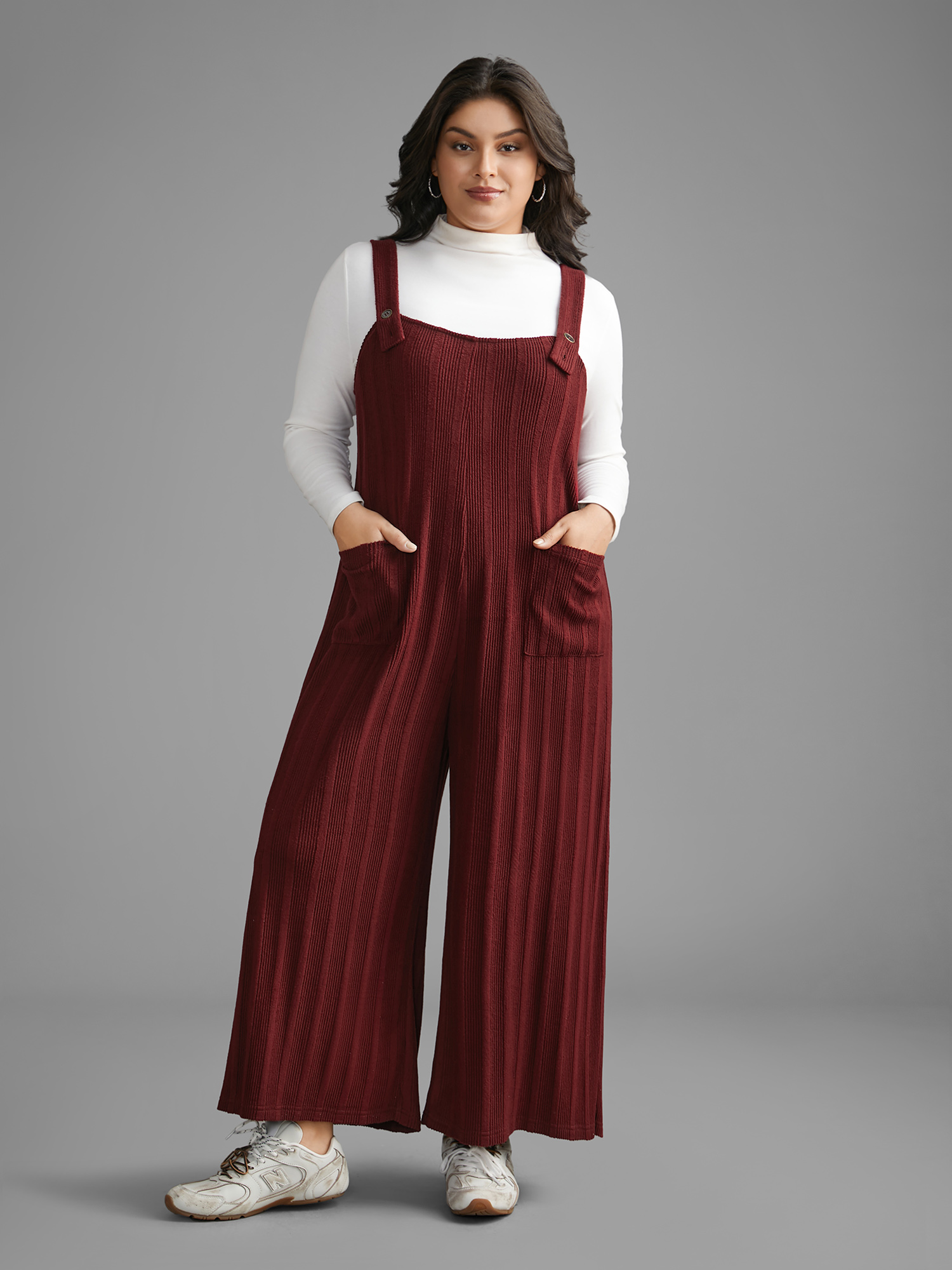 

Plus Size Burgundy Textured Pockets Straight Leg Overall Women Casual Sleeveless Non Everyday Loose Jumpsuits BloomChic