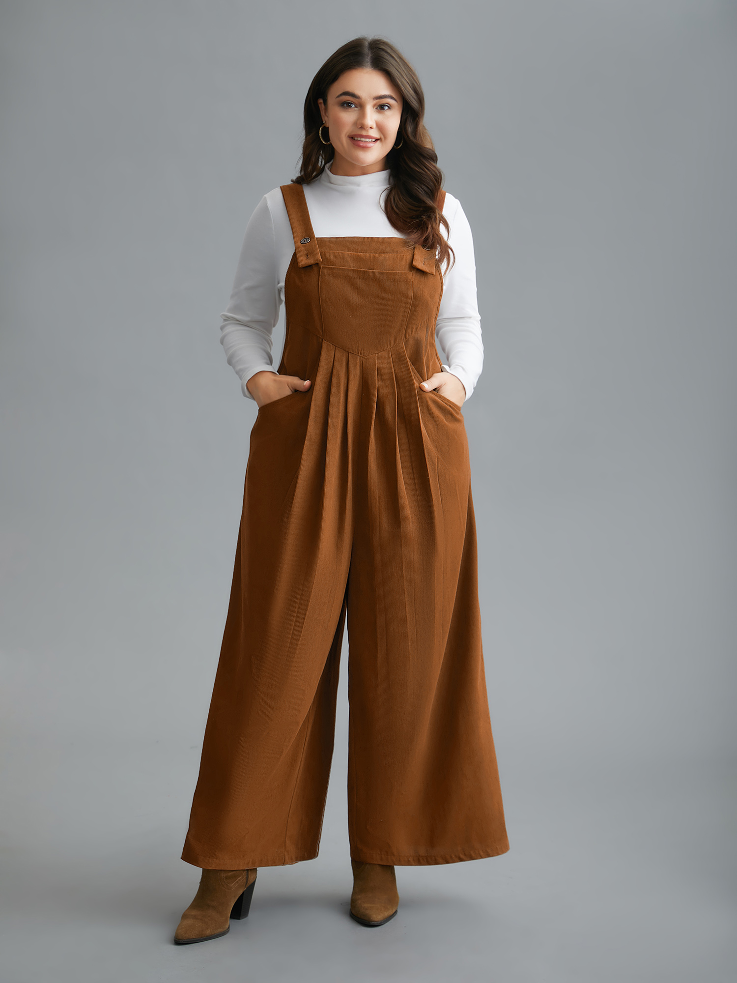 Plus Size Yellowishbrown Plain Chest Pocket Pleated Jumpsuit Women Casual Sleeveless Non Everyday Loose Jumpsuits BloomChic 12/L 