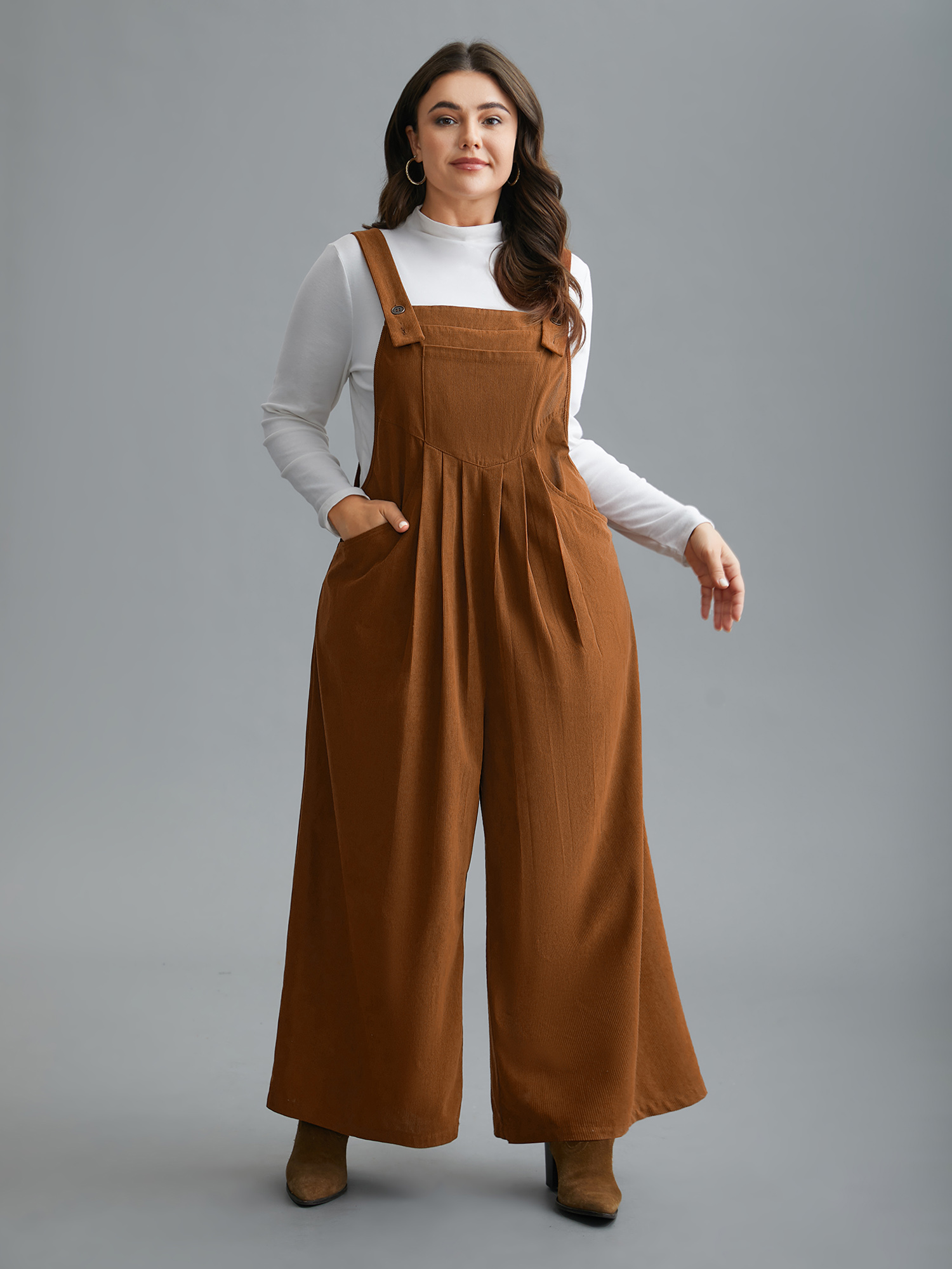 Plus Size Yellowishbrown Plain Chest Pocket Pleated Jumpsuit Women Casual Sleeveless Non Everyday Loose Jumpsuits BloomChic 12/L 