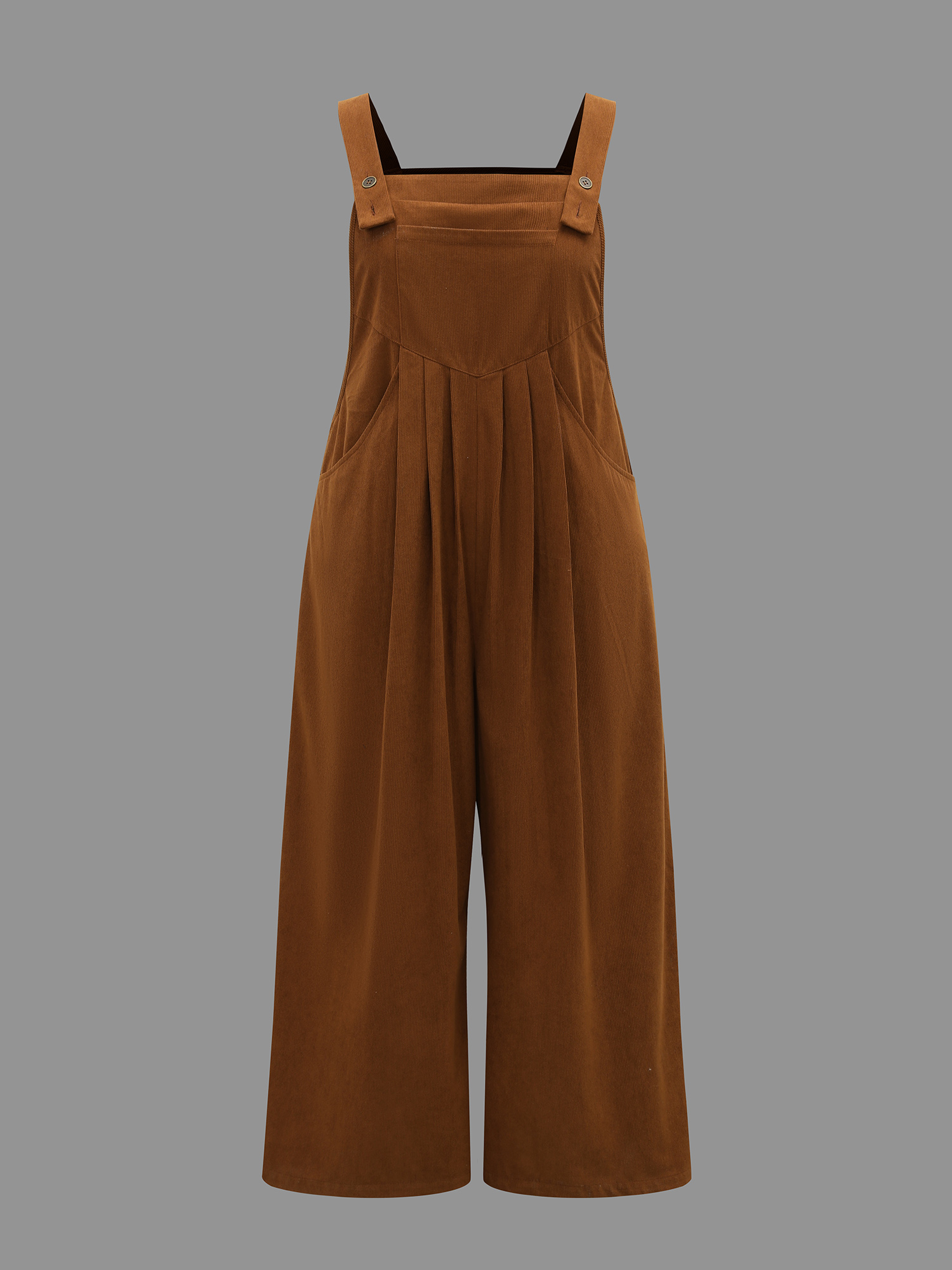 Plus Size Yellowishbrown Plain Chest Pocket Pleated Jumpsuit Women Casual Sleeveless Non Everyday Loose Jumpsuits BloomChic 12/L 