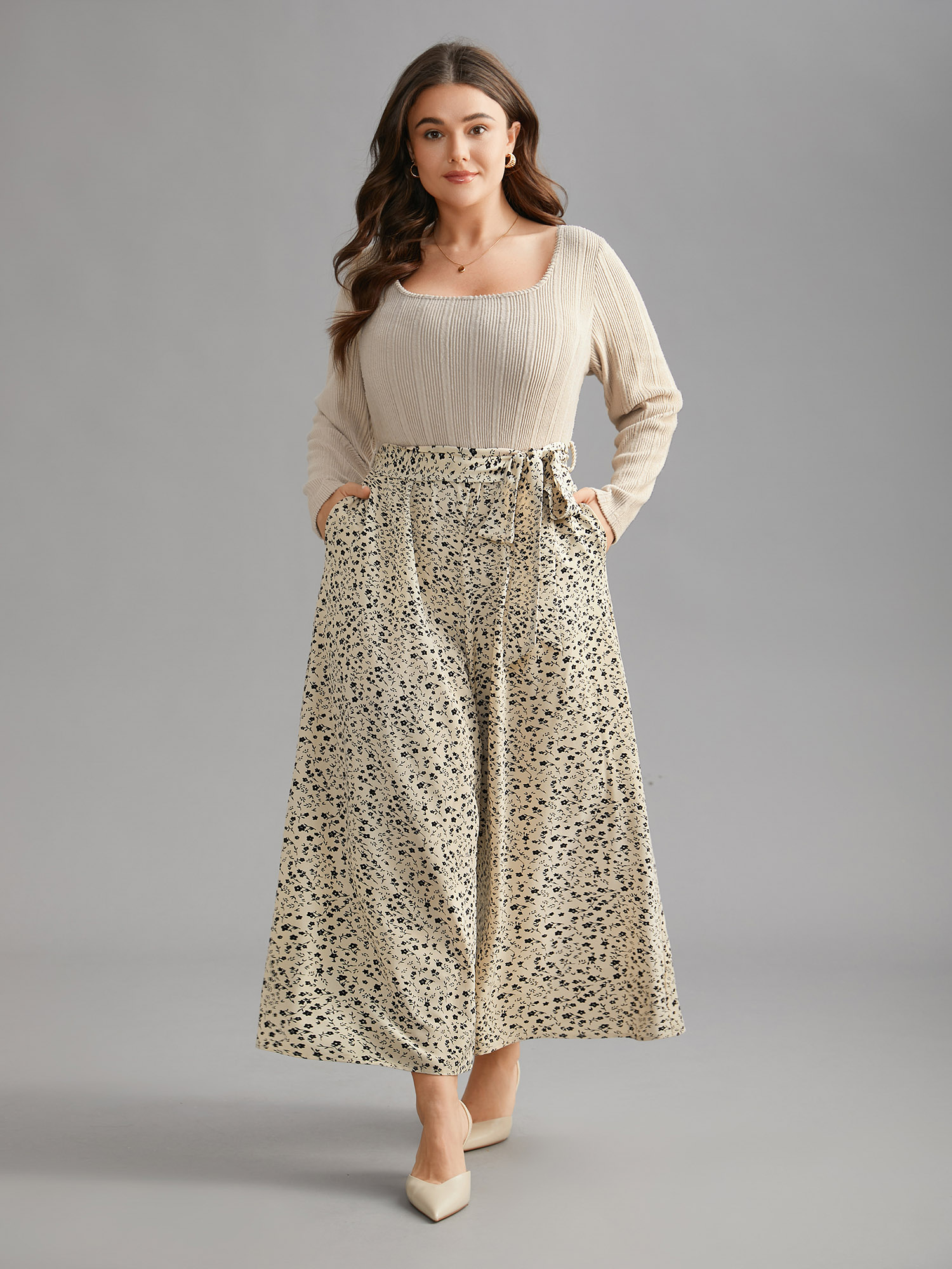 Plus Size Apricot Textured Square Neck Belted Floral Jumpsuit Women Elegant Long Sleeve Square Neck Everyday Loose Jumpsuits BloomChic 12/L 