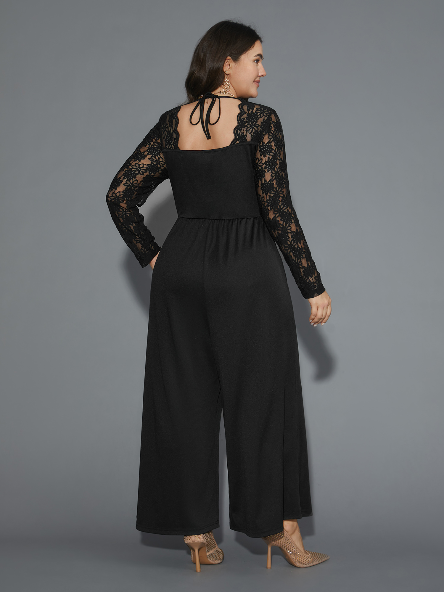 Plus Size Black Lace Mesh Sleeves Square Neck Jumpsuit Women Cocktail Long Sleeve Square Neck Party Loose Jumpsuits BloomChic 12/L 
