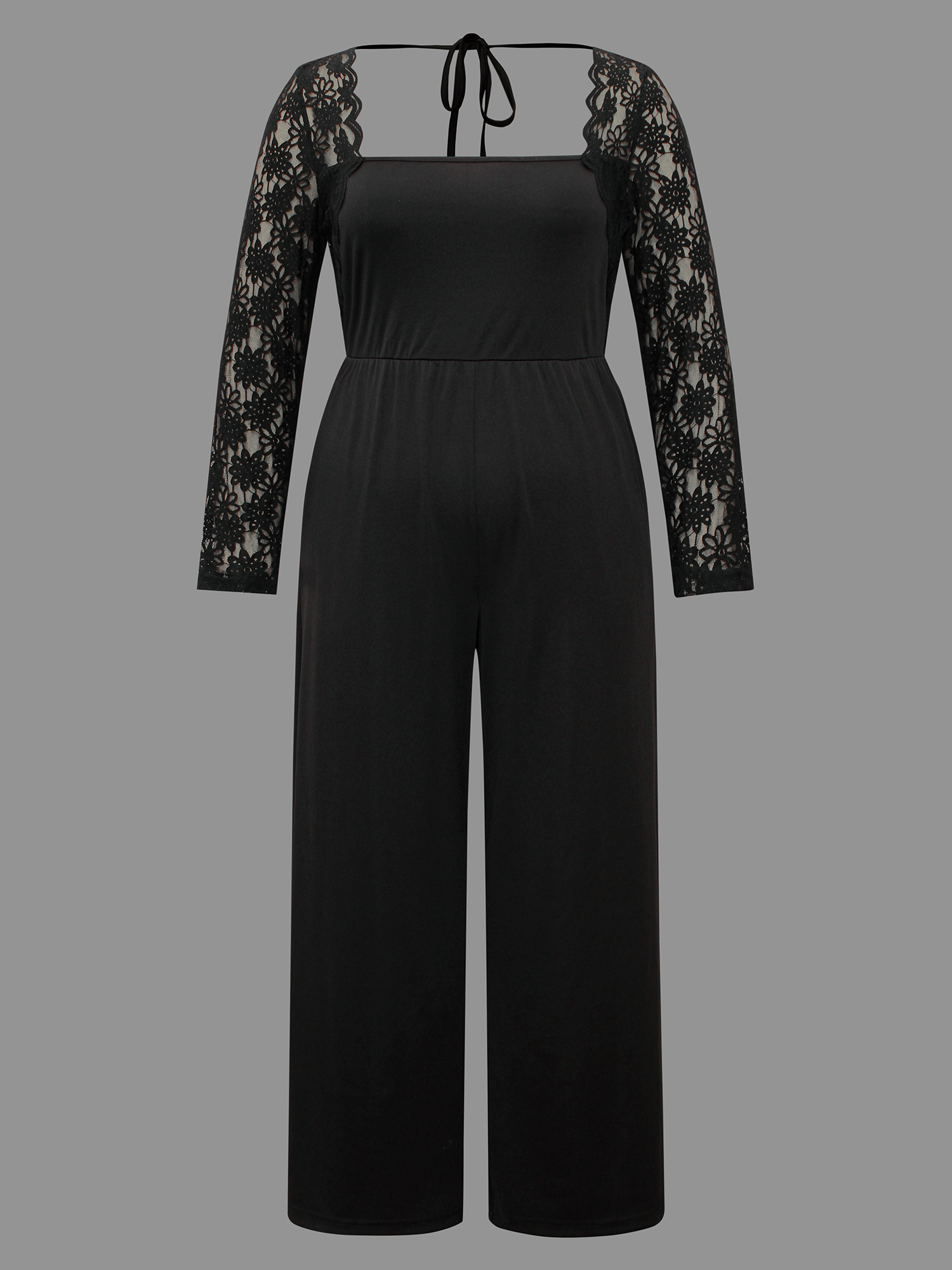 Plus Size Black Lace Mesh Sleeves Square Neck Jumpsuit Women Cocktail Long Sleeve Square Neck Party Loose Jumpsuits BloomChic 12/L 