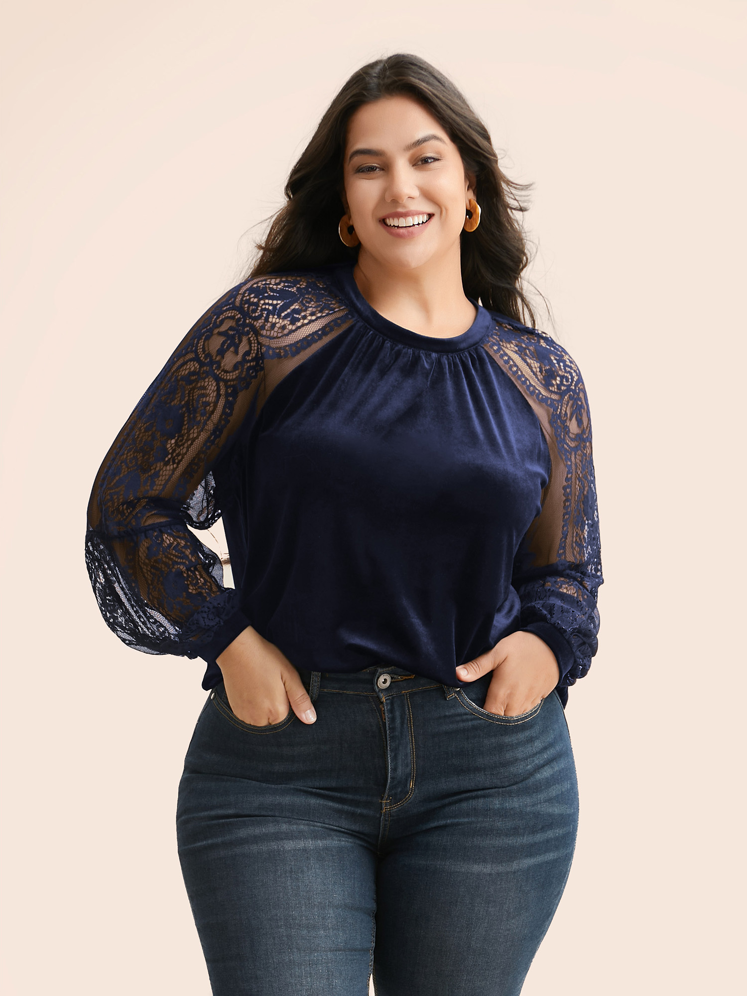 

Plus Size Indigo Lace Patchwork Velvet Raglan Sleeve Blouse Women Elegant Long Sleeve Stand-up collar Everyday Blouses BloomChic