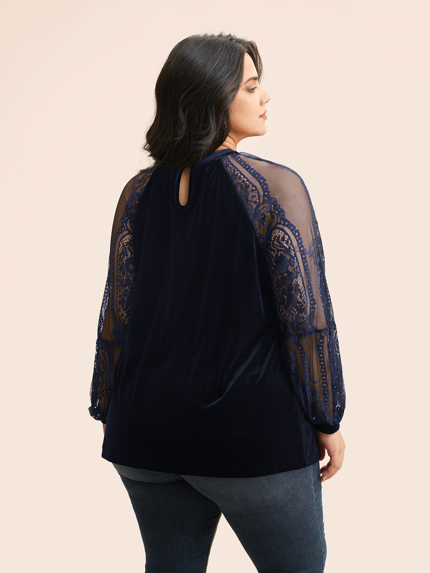 

Plus Size Indigo Lace Patchwork Velvet Raglan Sleeve Blouse Women Elegant Long Sleeve Stand-up collar Everyday Blouses BloomChic