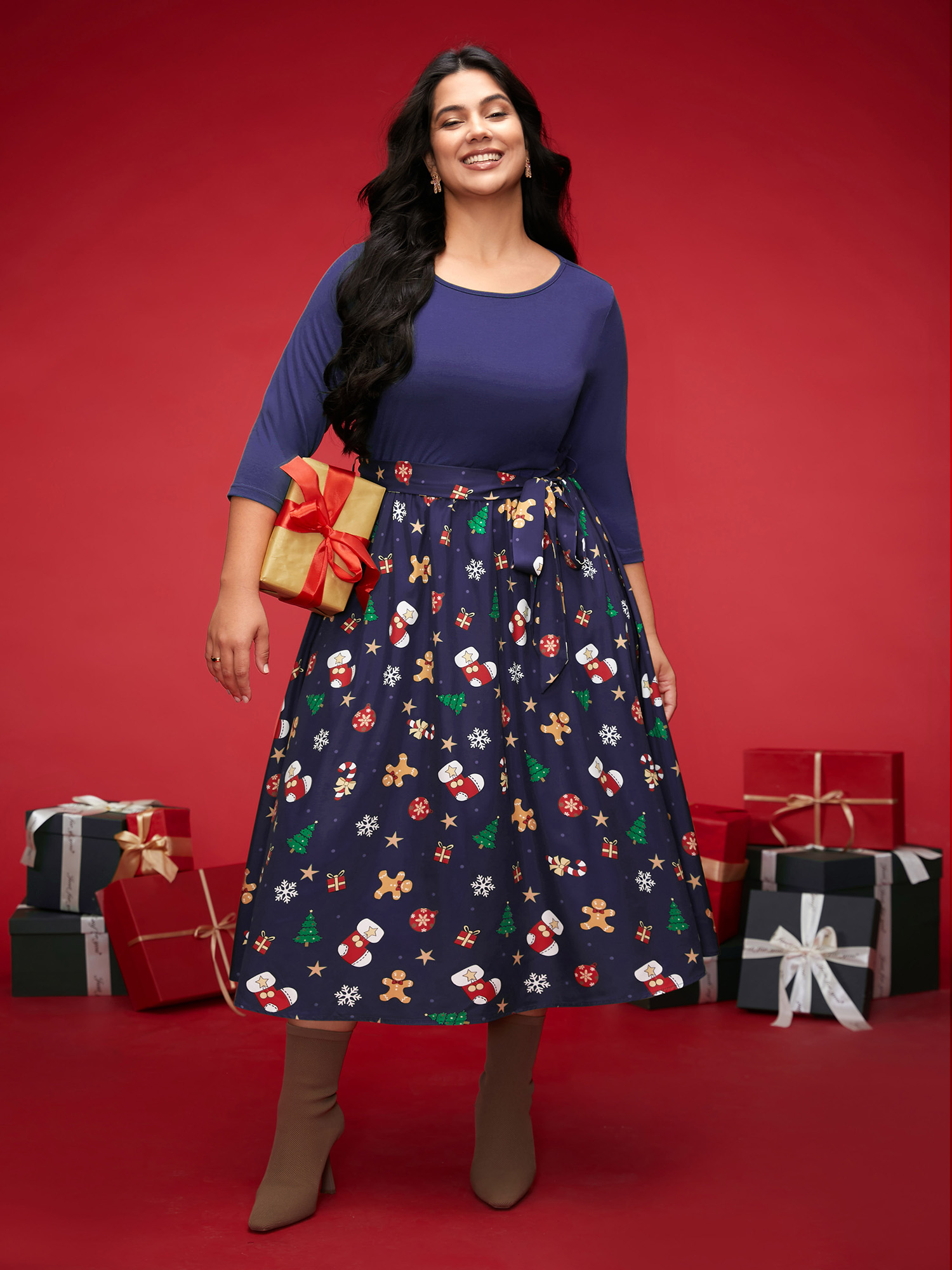 

Plus Size Holiday Everything Printed Skirt Fit-and-Flare Midi Dress DarkBlue Women Elegant Belted Round Neck Elbow-length sleeve Curvy BloomChic