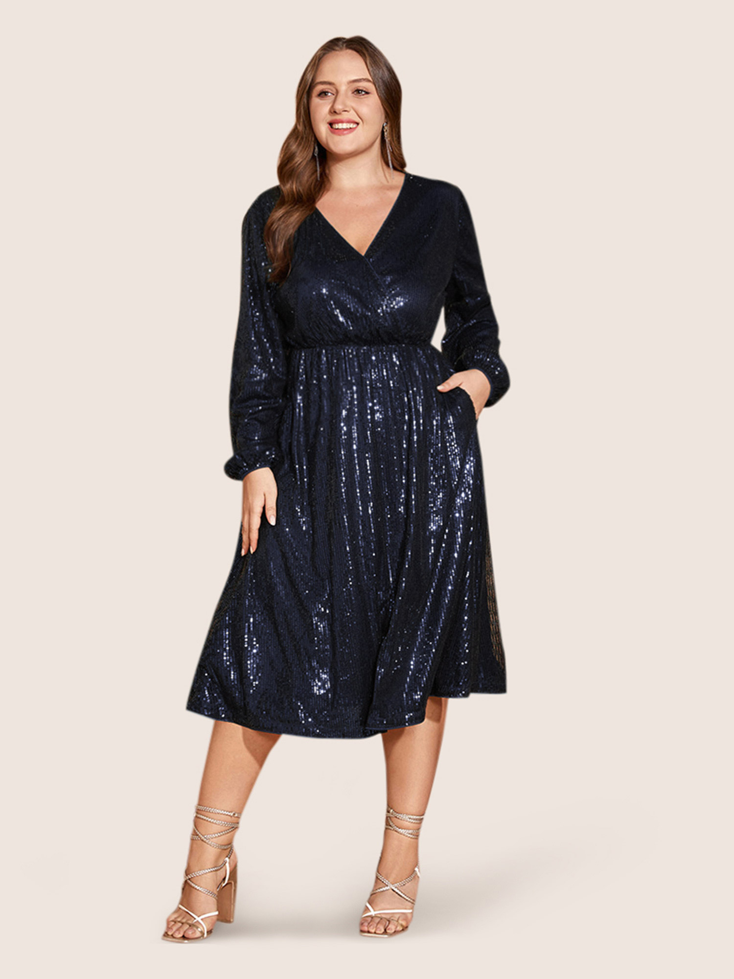 

Plus Size Solid Pocket Lantern Sleeve Wrap Sequin Dress DarkBlue Women Party Pocket Overlap Collar Long Sleeve Curvy Midi Dress BloomChic