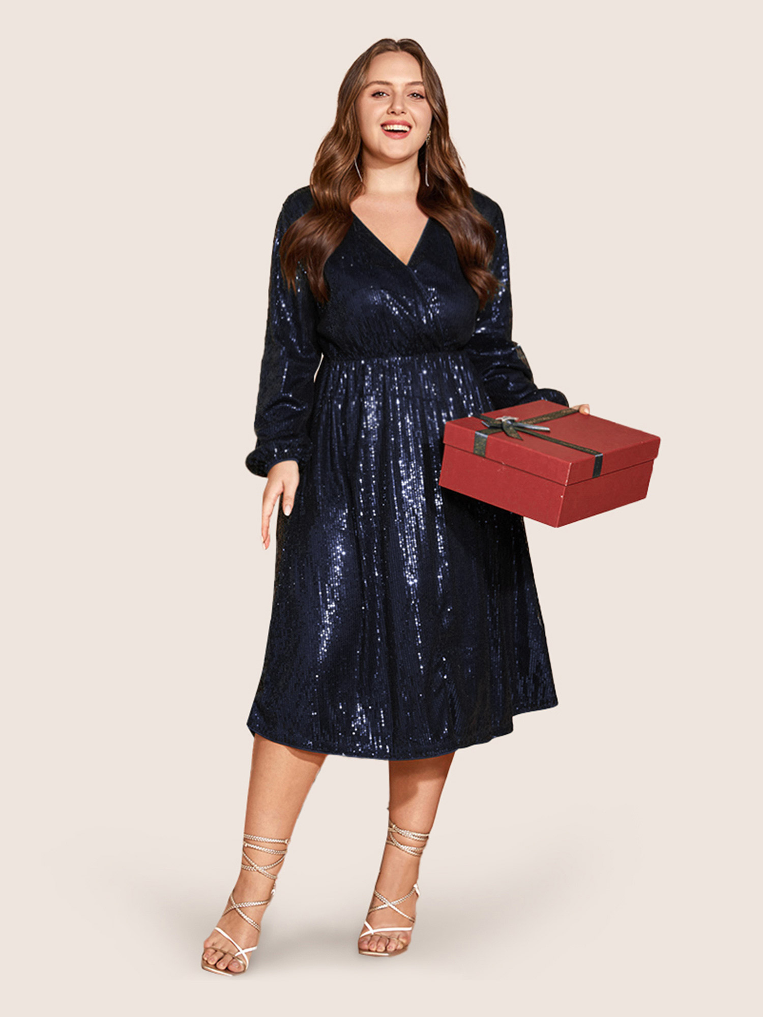 

Plus Size Solid Pocket Lantern Sleeve Wrap Sequin Dress DarkBlue Women Party Pocket Overlap Collar Long Sleeve Curvy Midi Dress BloomChic