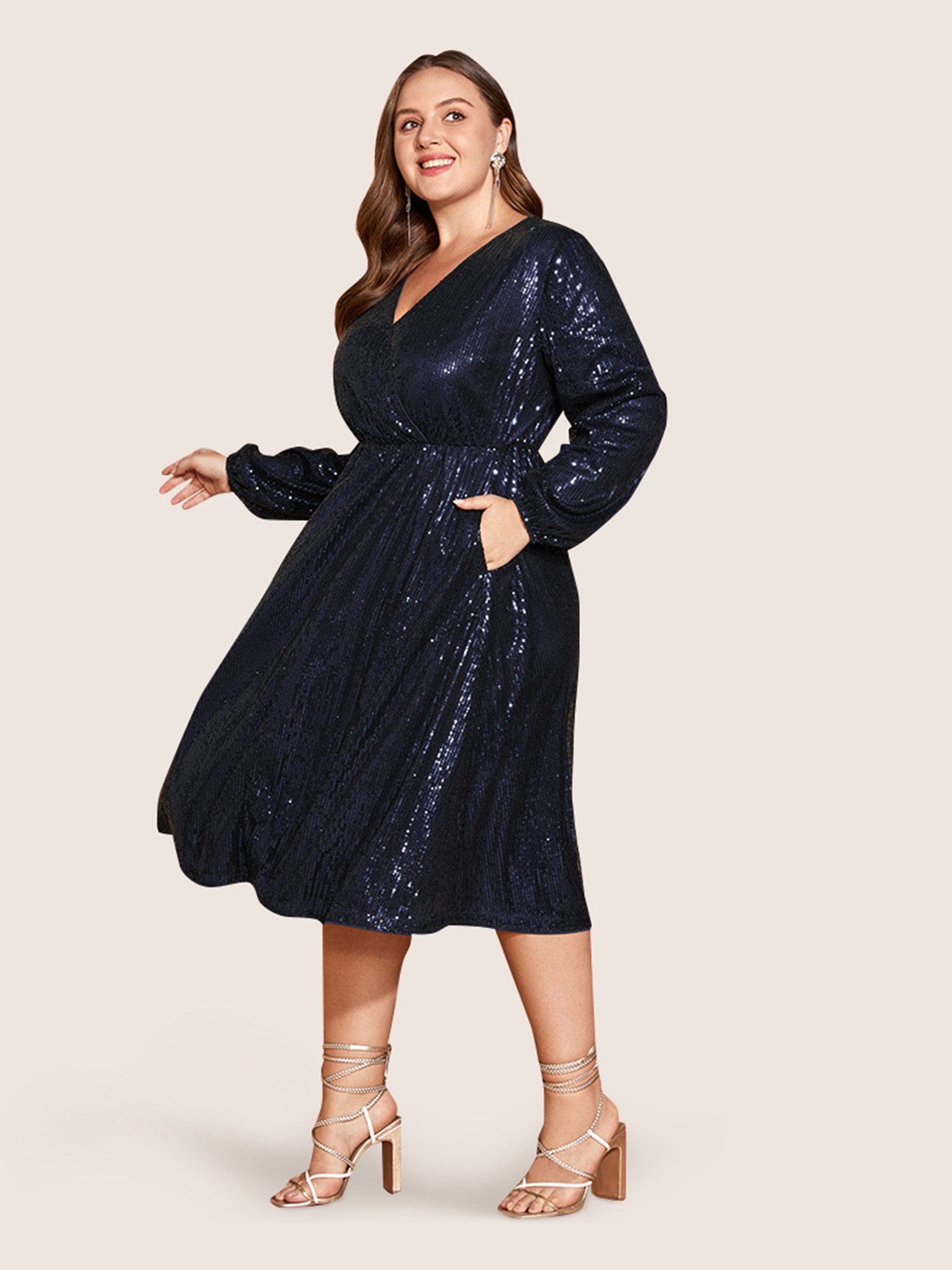 Plus Size Solid Pocket Lantern Sleeve Wrap Sequin Dress DarkBlue Women Party Pocket Overlap Collar Long Sleeve Curvy Midi Dress BloomChic 28/5X 