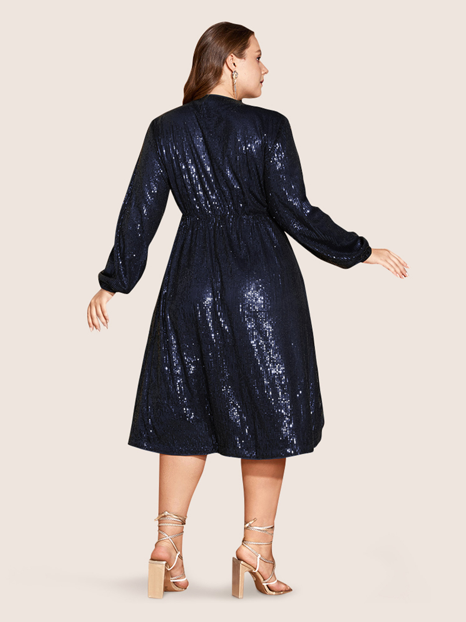 Plus Size Solid Pocket Lantern Sleeve Wrap Sequin Dress DarkBlue Women Party Pocket Overlap Collar Long Sleeve Curvy Midi Dress BloomChic 28/5X 