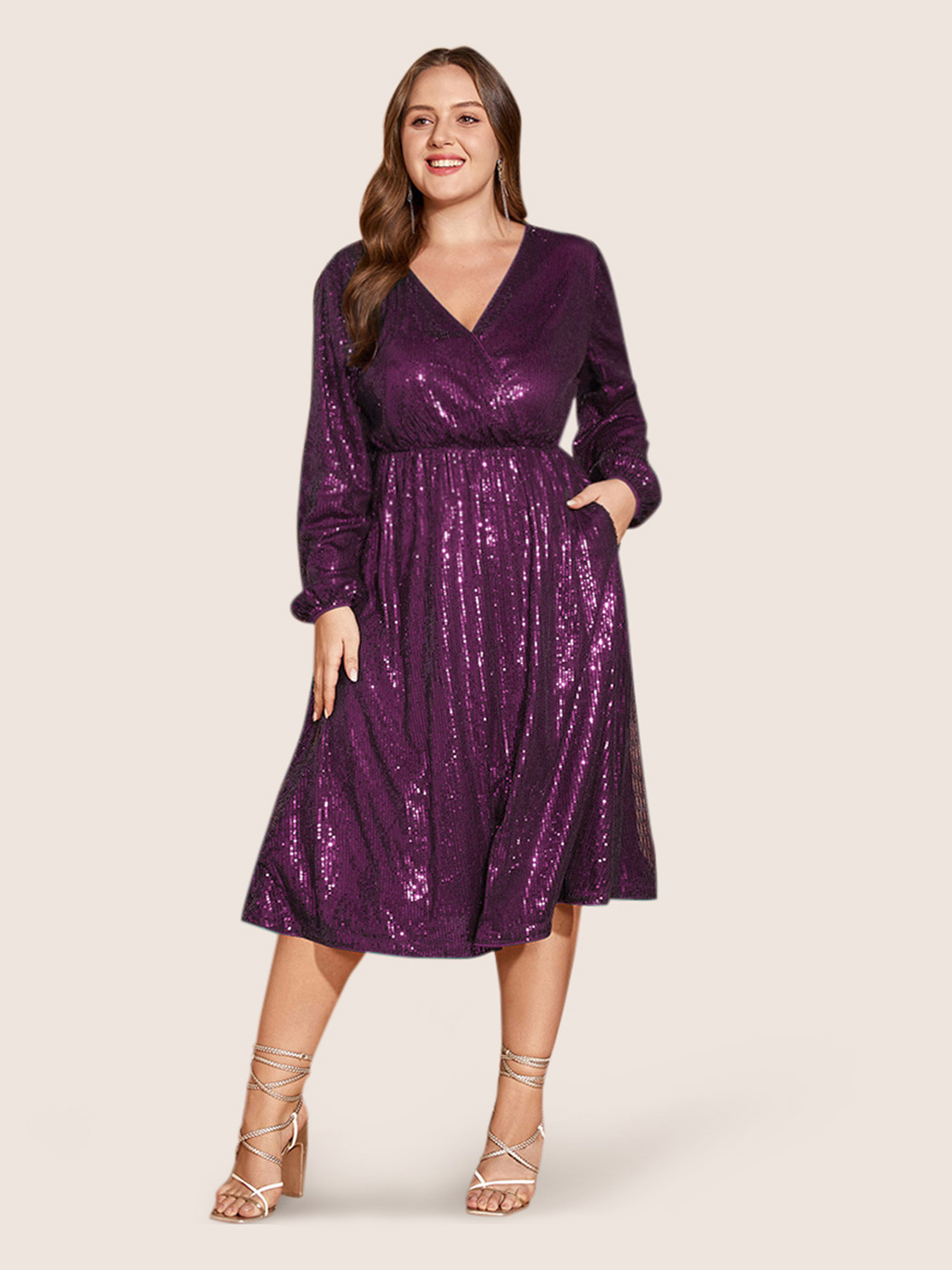 

Plus Size Solid Pocket Lantern Sleeve Wrap Sequin Dress Deeppurplered Women Party Pocket Overlap Collar Long Sleeve Curvy Midi Dress BloomChic