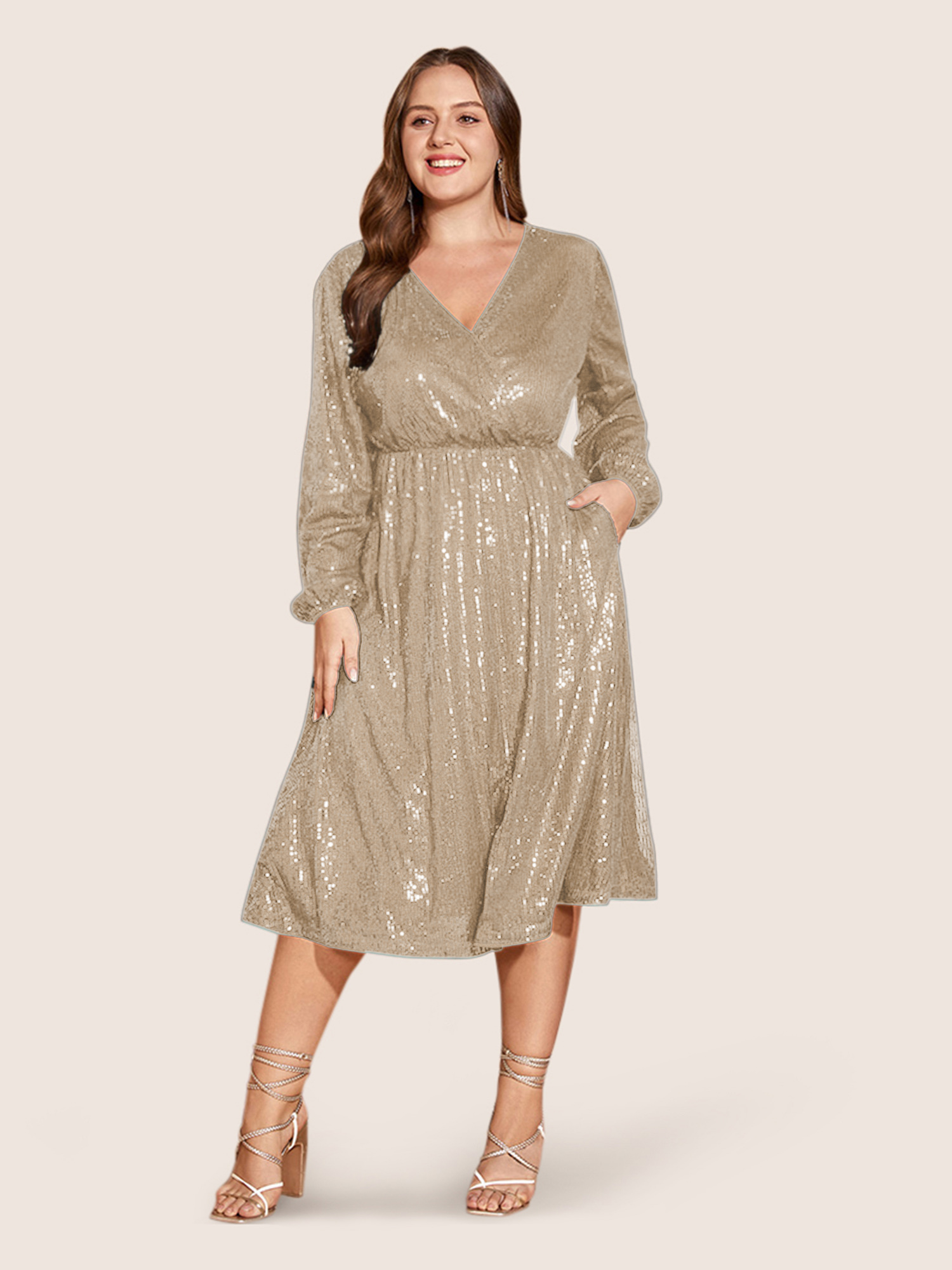 

Plus Size Solid Pocket Lantern Sleeve Wrap Sequin Dress Champagne Women Party Pocket Overlap Collar Long Sleeve Curvy Midi Dress BloomChic