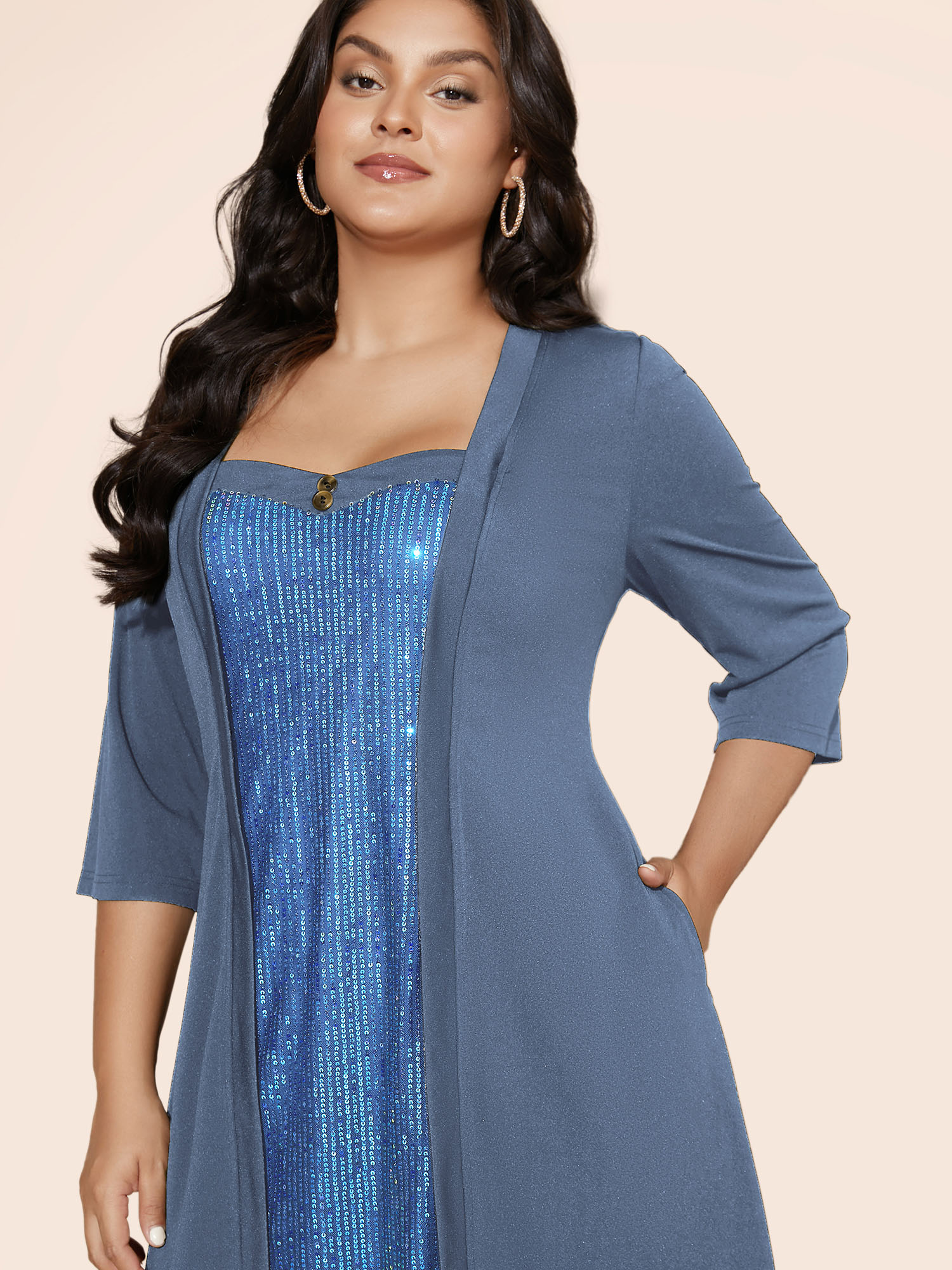 

Plus Size Heart Neckline Patchwork Sequin Button Detail Dress Skyblue Women Cocktail Texture Party Curvy Bloomchic