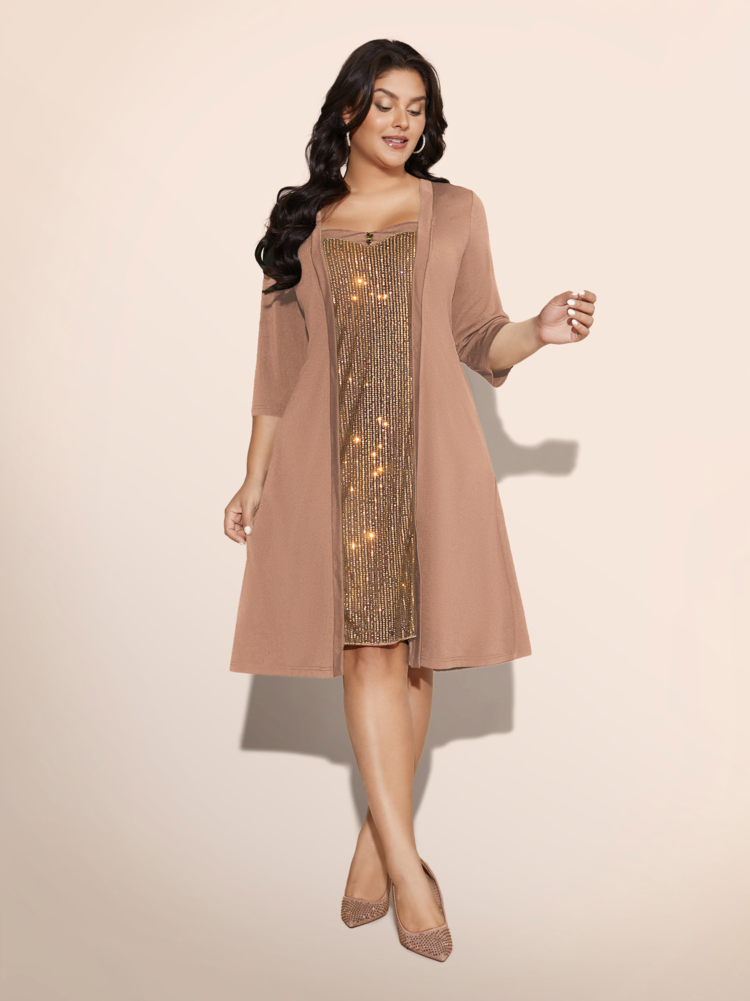 

Plus Size Heart Neckline Patchwork Sequin Button Detail Dress Bronze Women Cocktail Texture Party Curvy Bloomchic