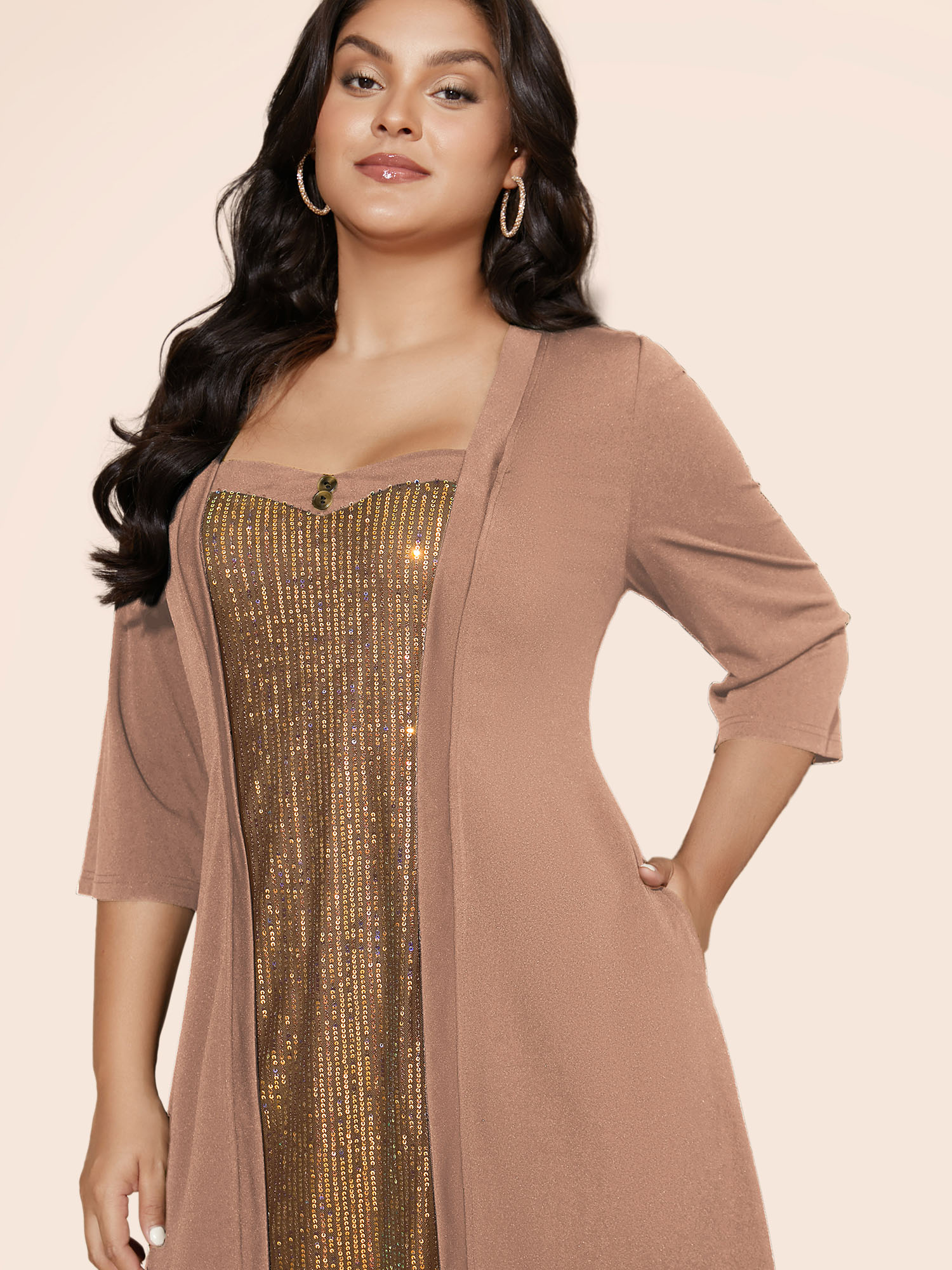 

Plus Size Heart Neckline Patchwork Sequin Button Detail Dress Bronze Women Cocktail Texture Party Curvy Bloomchic