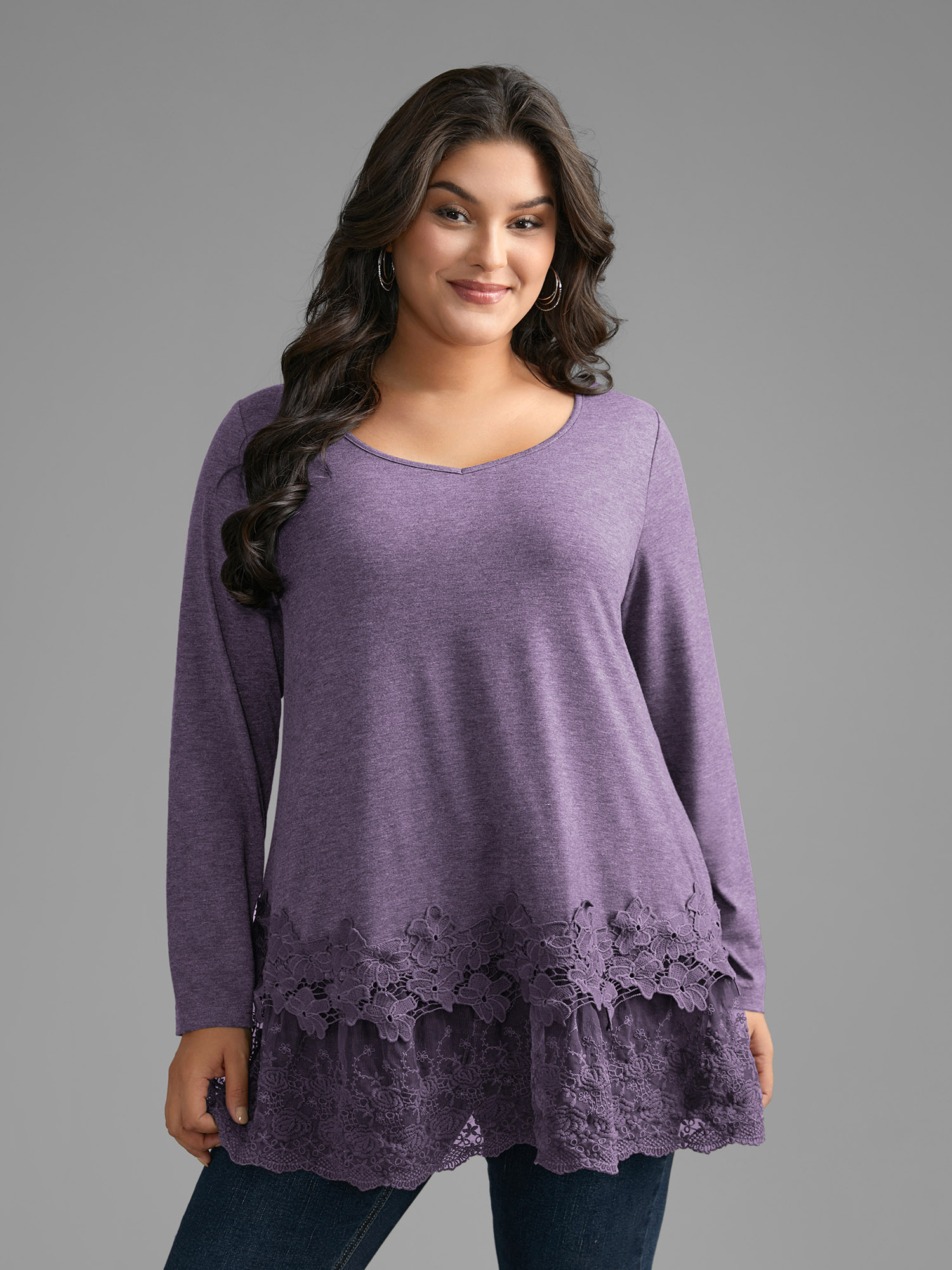 

Plus Size V Neck Lace Panel Jersey Top Mauve V-neck Extra Long Sleeve Casual Jersey Tops