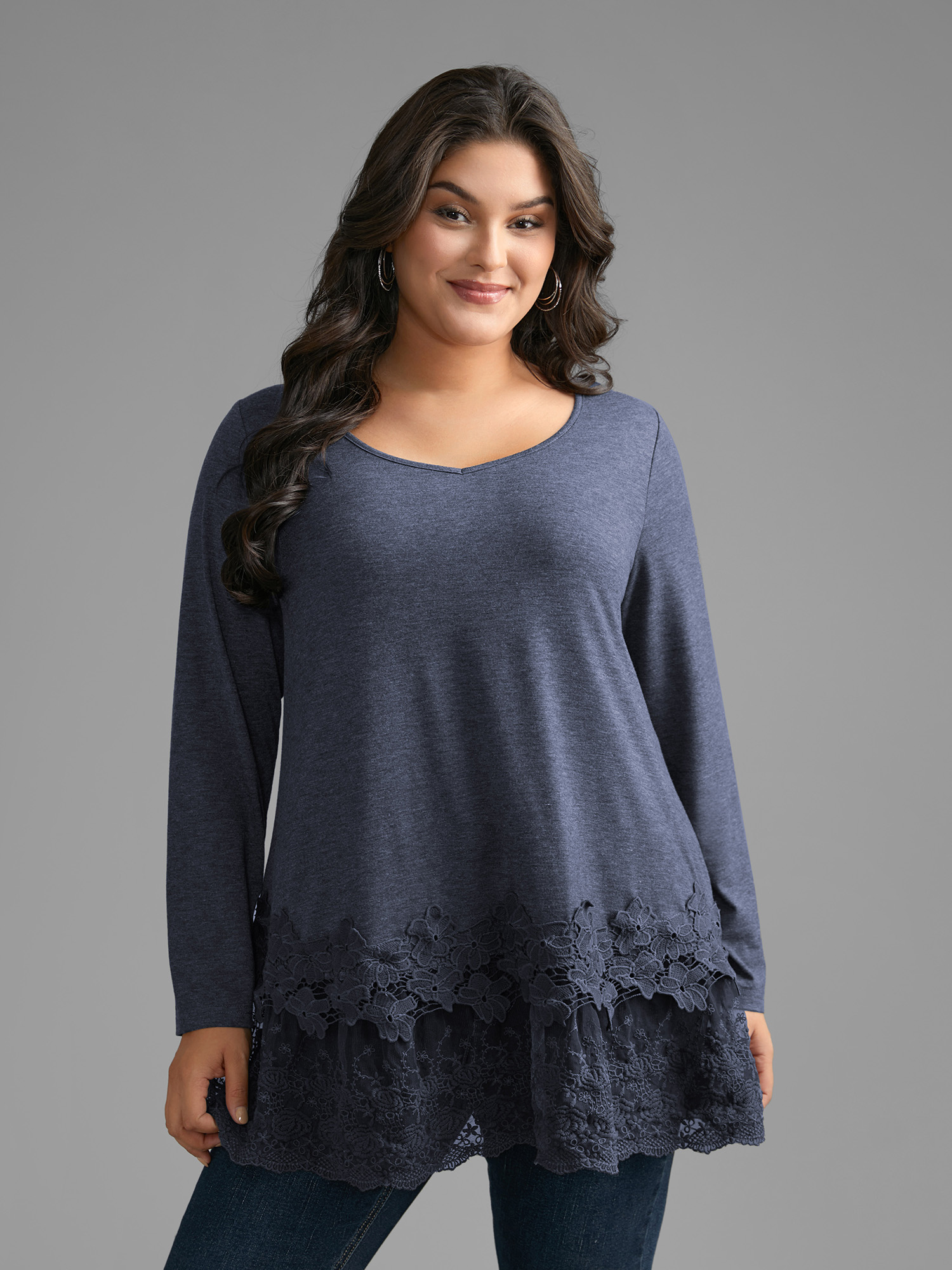 

Plus Size V Neck Lace Panel Jersey Top Indigo V-neck Extra Long Sleeve Casual Jersey Tops