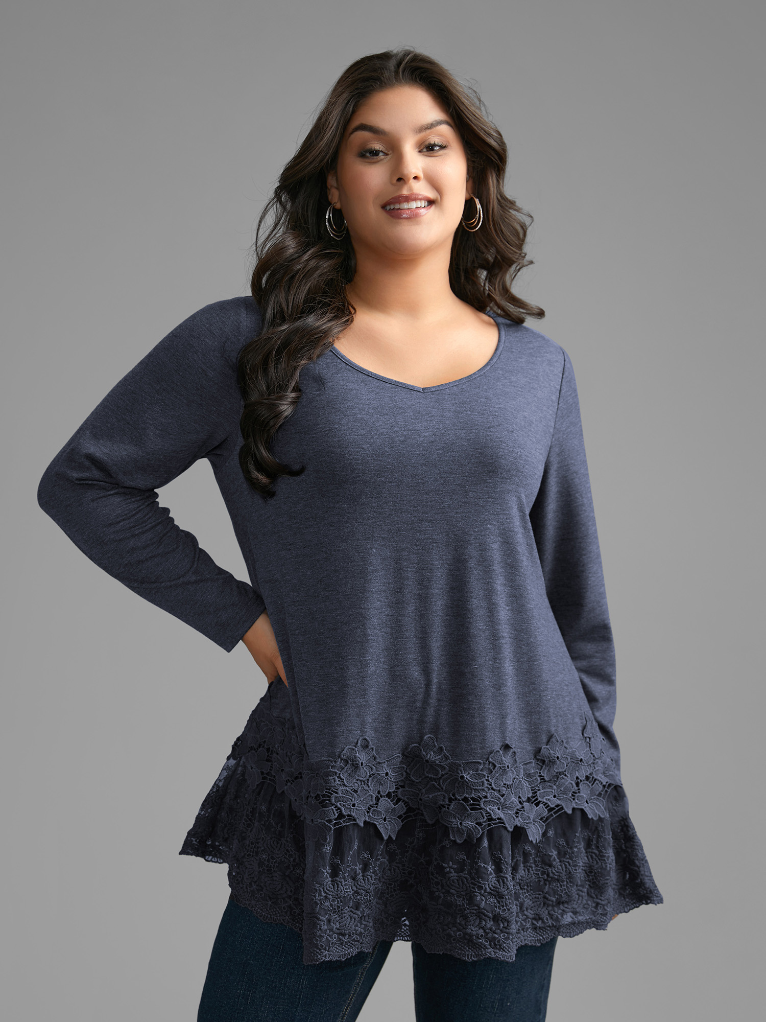 

Plus Size V Neck Lace Panel Jersey Top Indigo V-neck Extra Long Sleeve Casual Jersey Tops